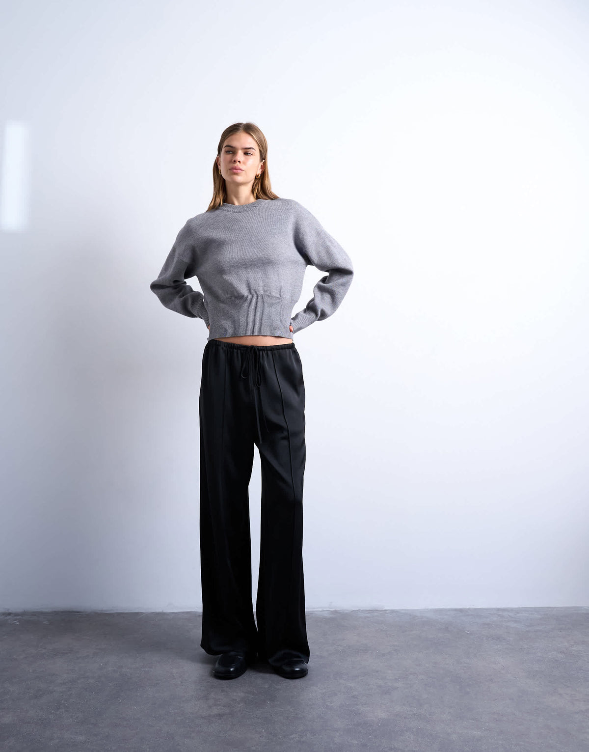 Topshop satin tie waist wide leg trouser with pintuck seam detail in black