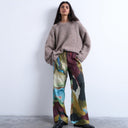 Topshop satin tie waist wide leg trouser in abstract print