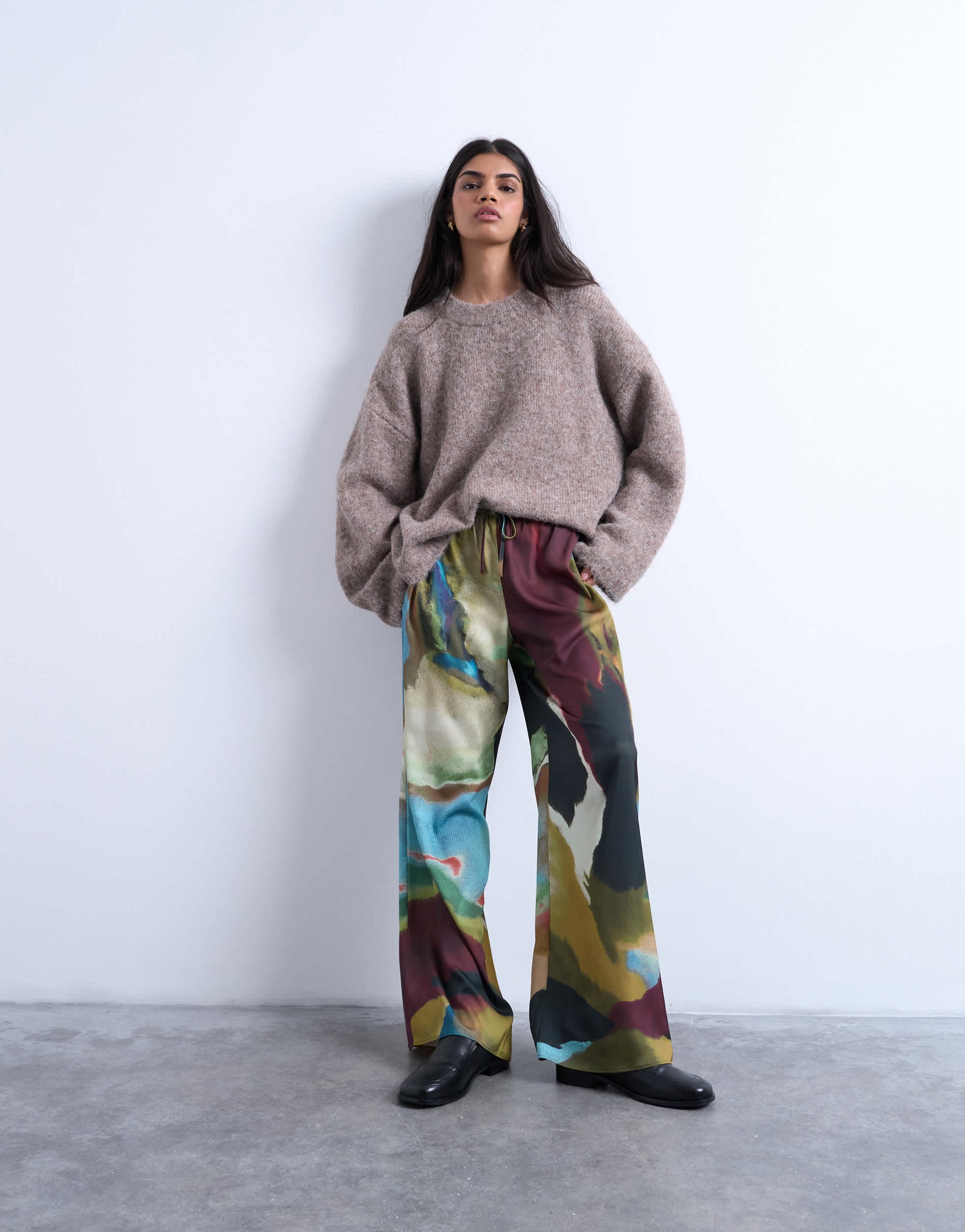 Topshop satin tie waist wide leg trouser in abstract print