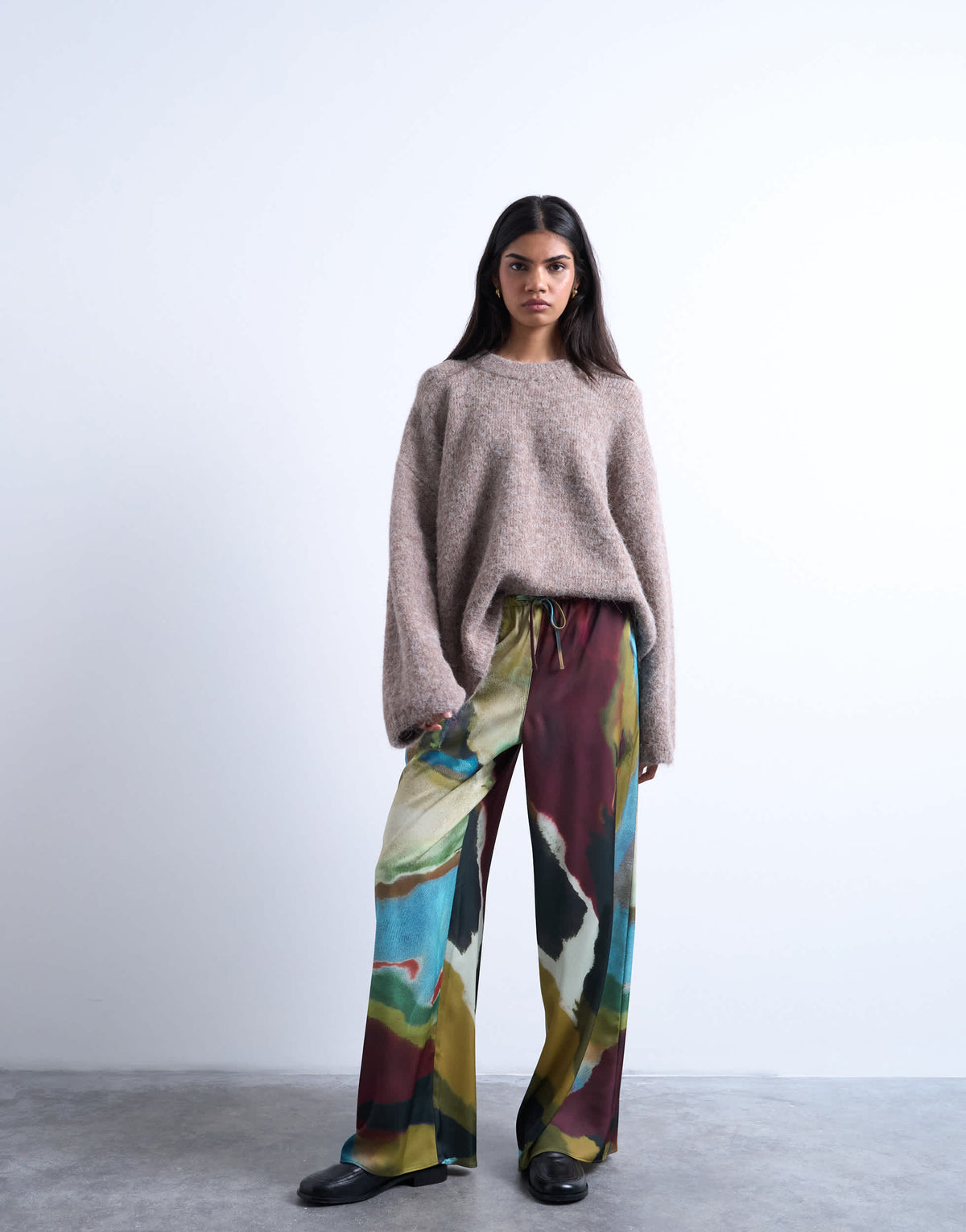 Topshop satin tie waist wide leg trouser in abstract print