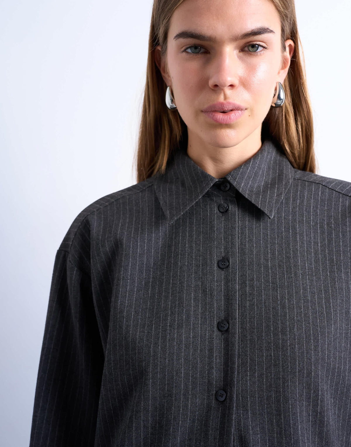 Topshop brushed pinstripe tailored shirt in charcoal