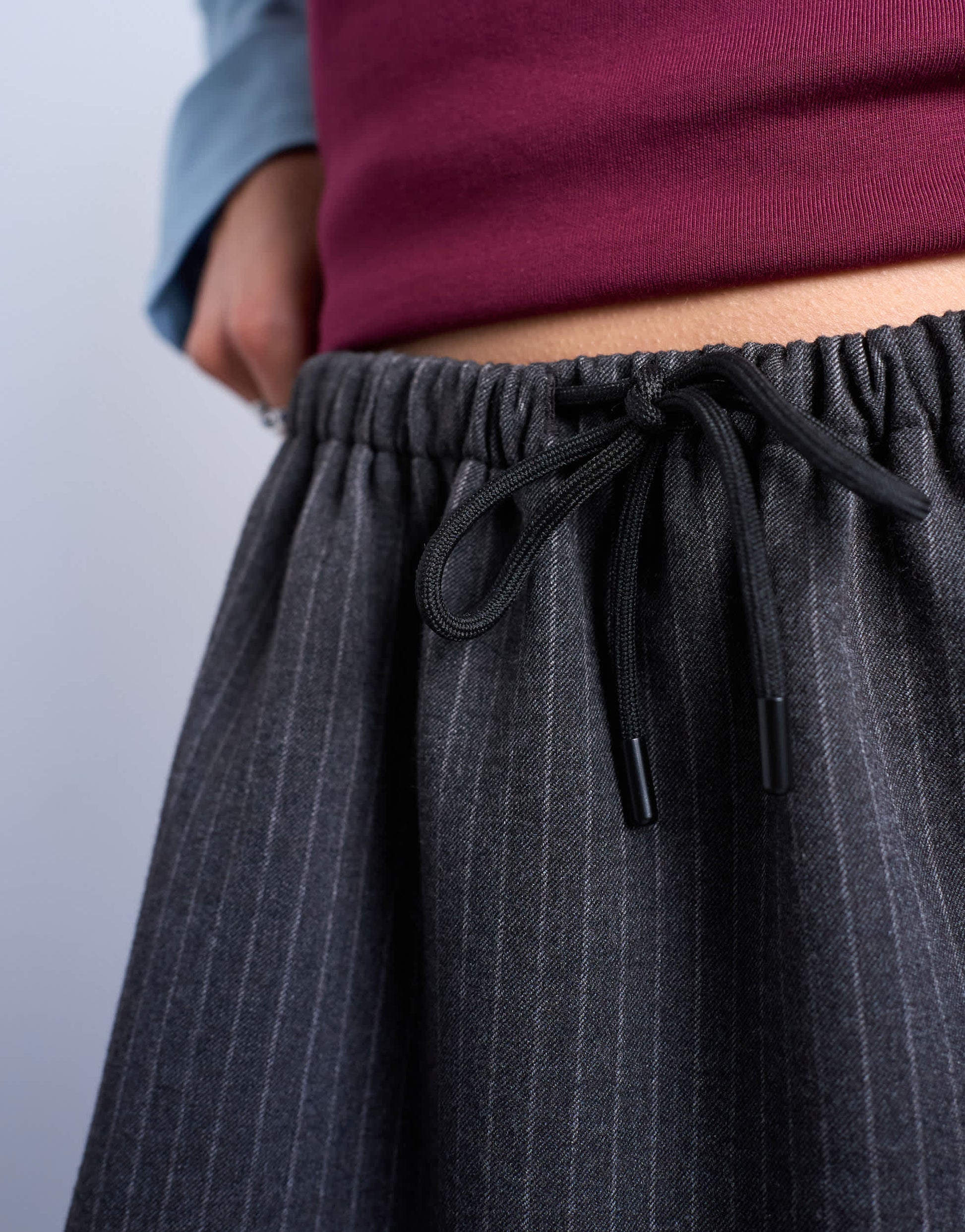 Topshop brushed low rise flippy mini micro skirt in charcoal pinstripe