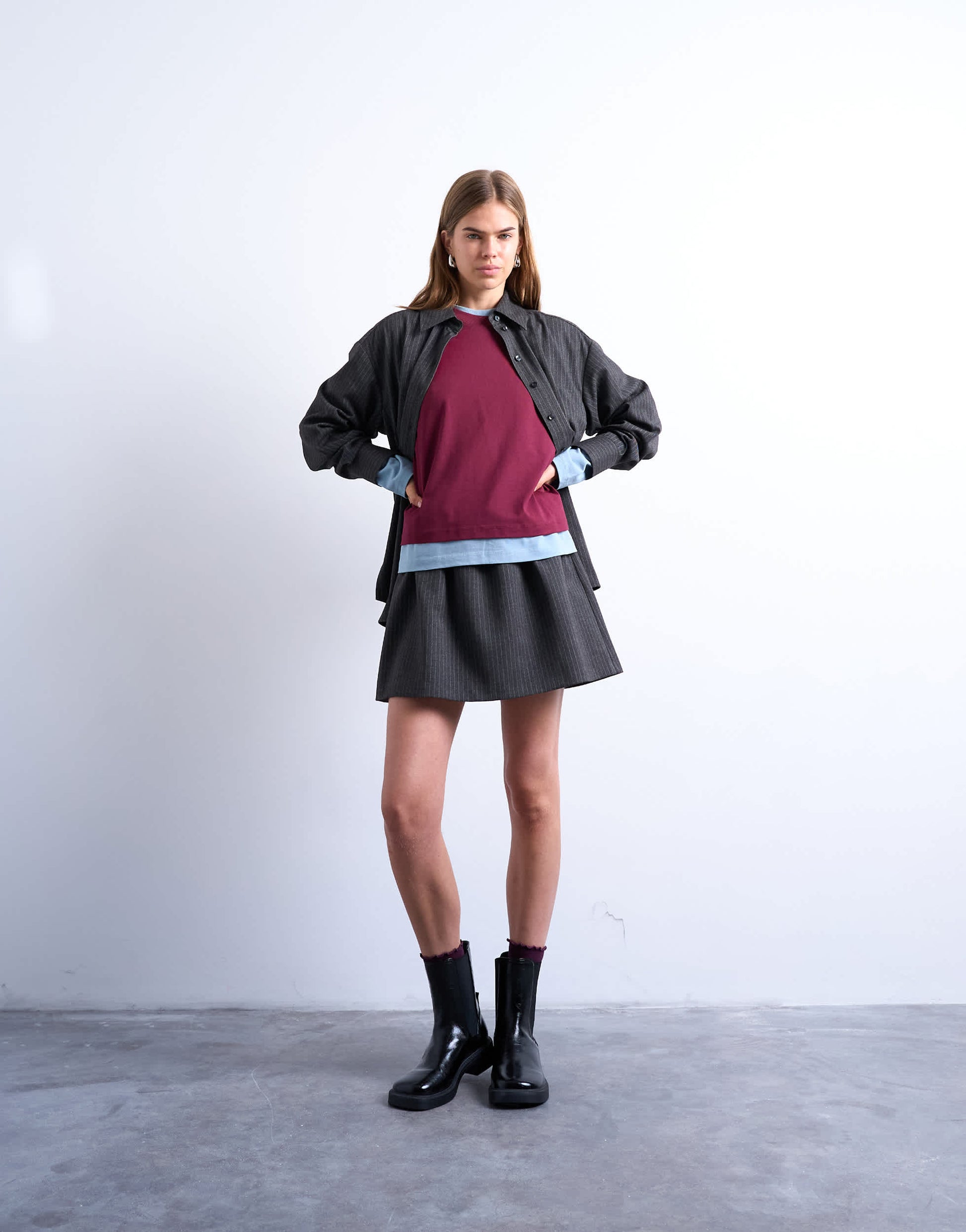 Topshop brushed low rise flippy mini micro skirt in charcoal pinstripe