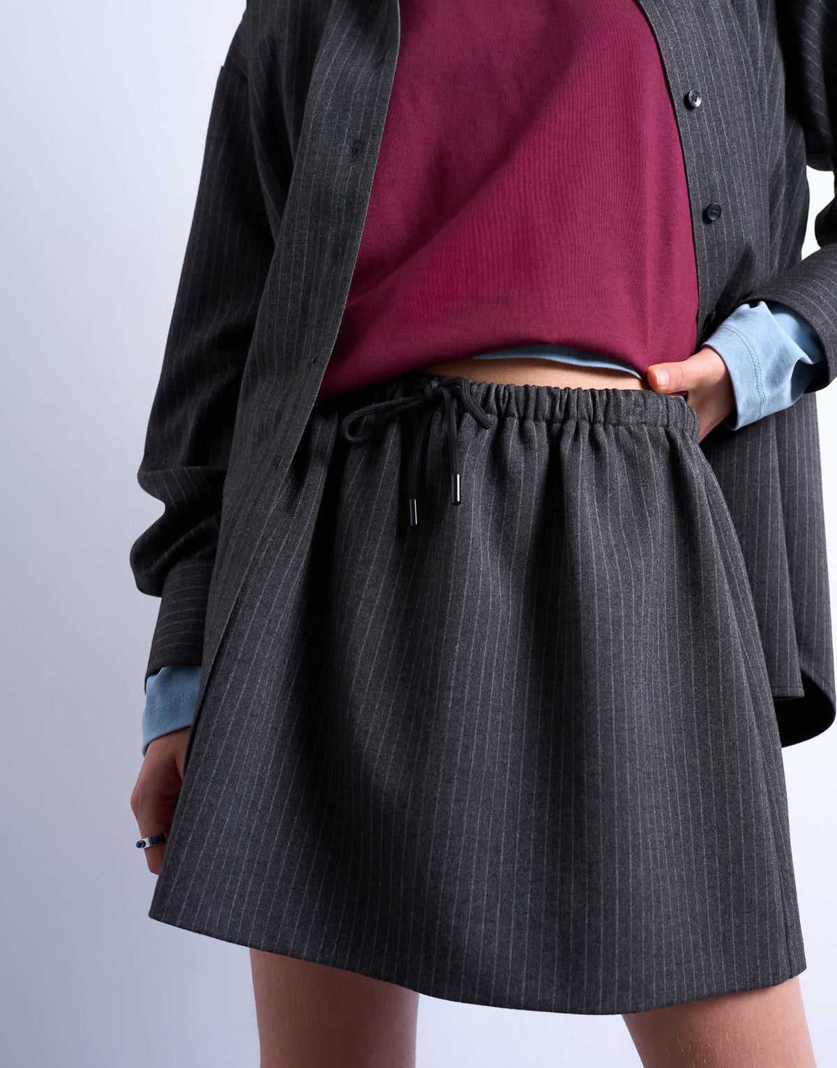 Topshop brushed low rise flippy mini micro skirt in charcoal pinstripe
