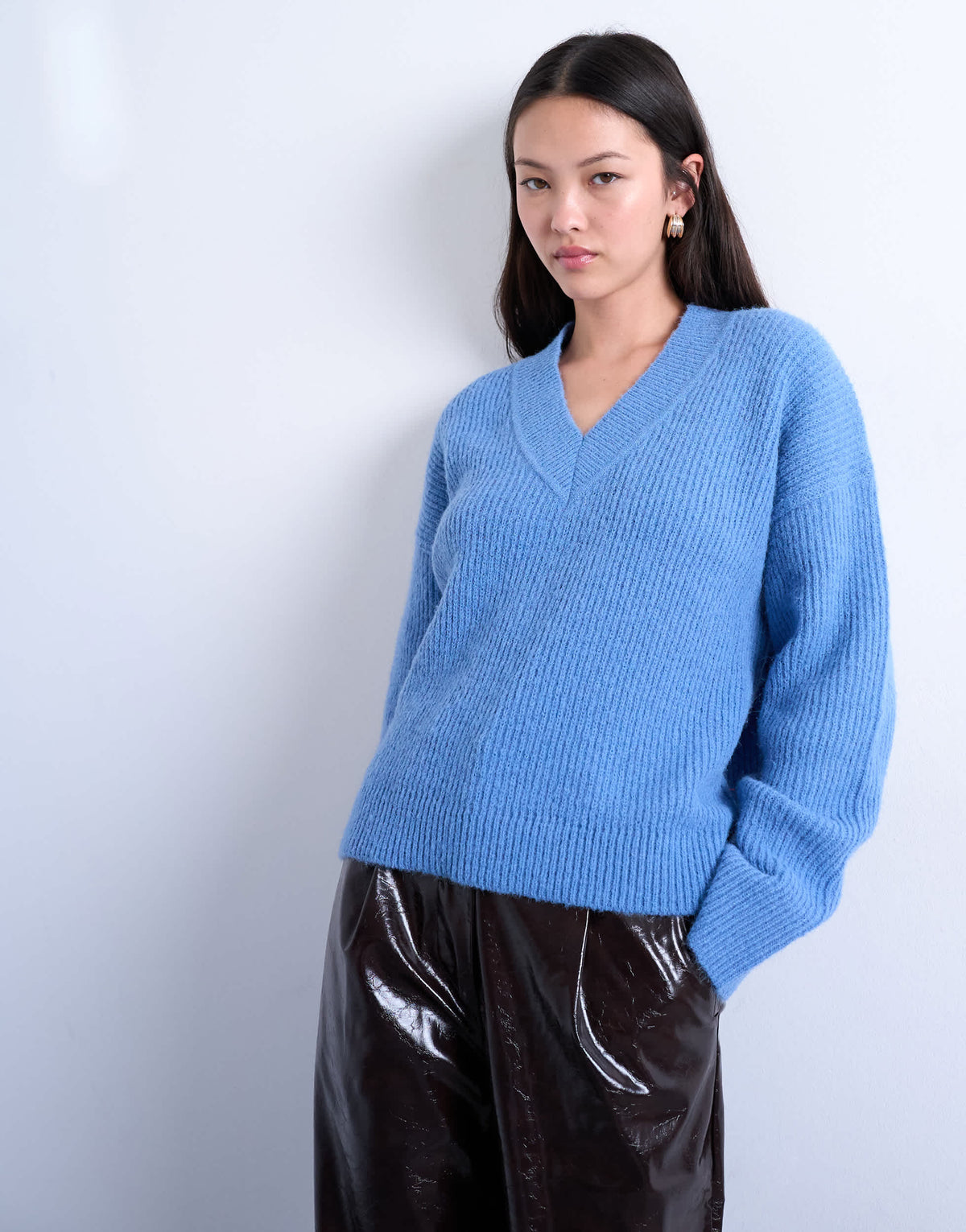 Topshop knitted v neck jumper in blue