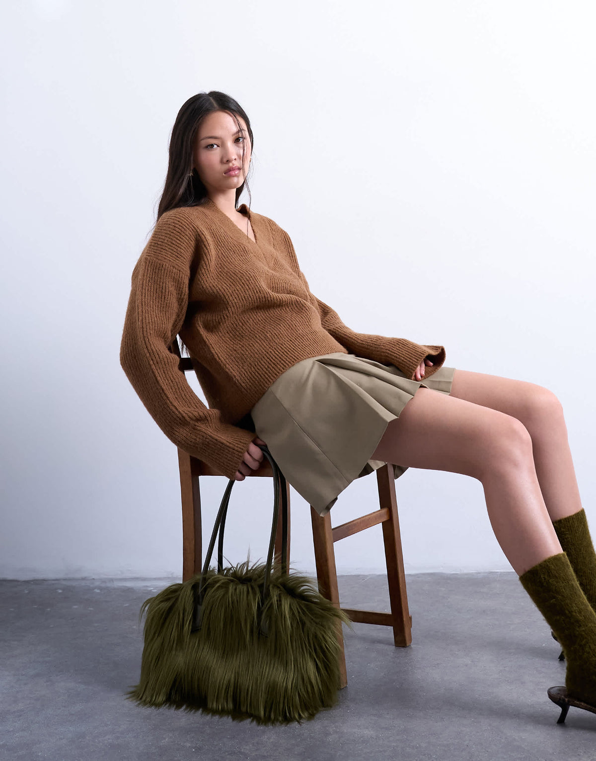 Topshop knitted v neck jumper in brown