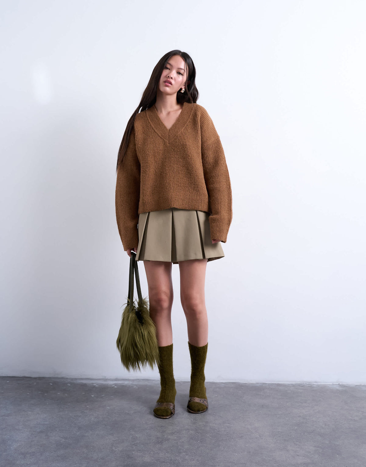 Topshop knitted v neck jumper in brown