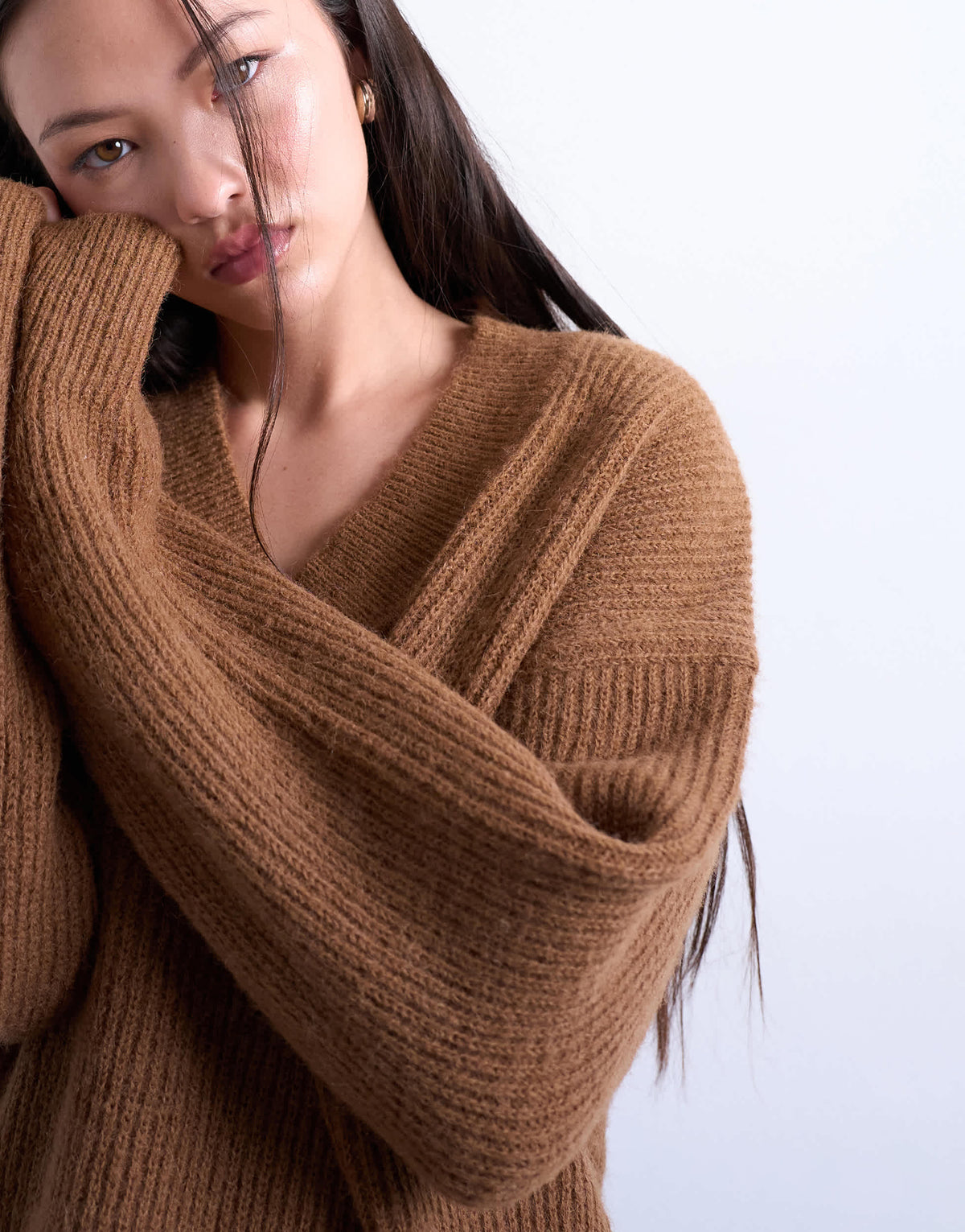 Topshop knitted v neck jumper in brown