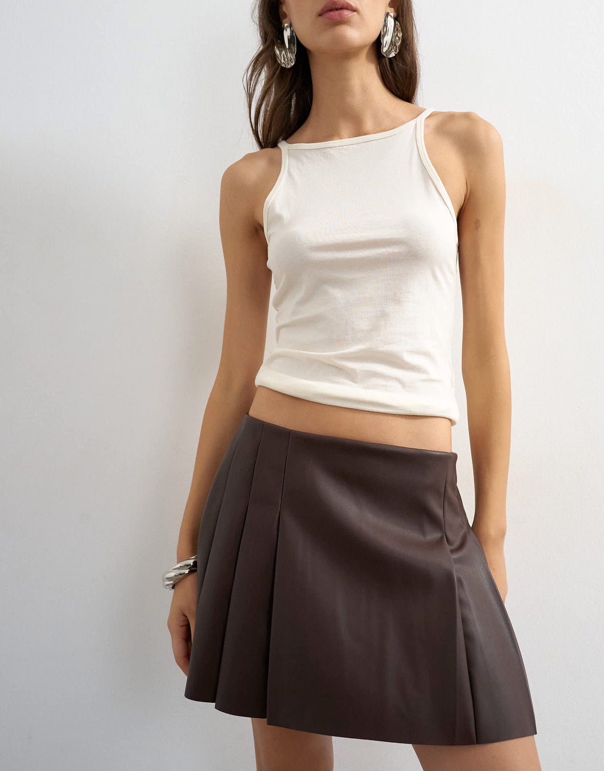 Topshop faux leather tailored mini skirt in coffee