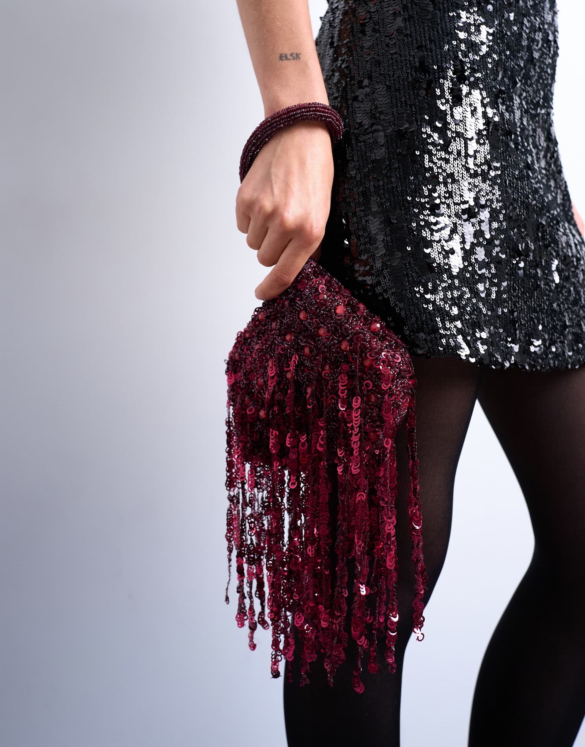 Topshop Giana sequin tassel grab bag in burgundy