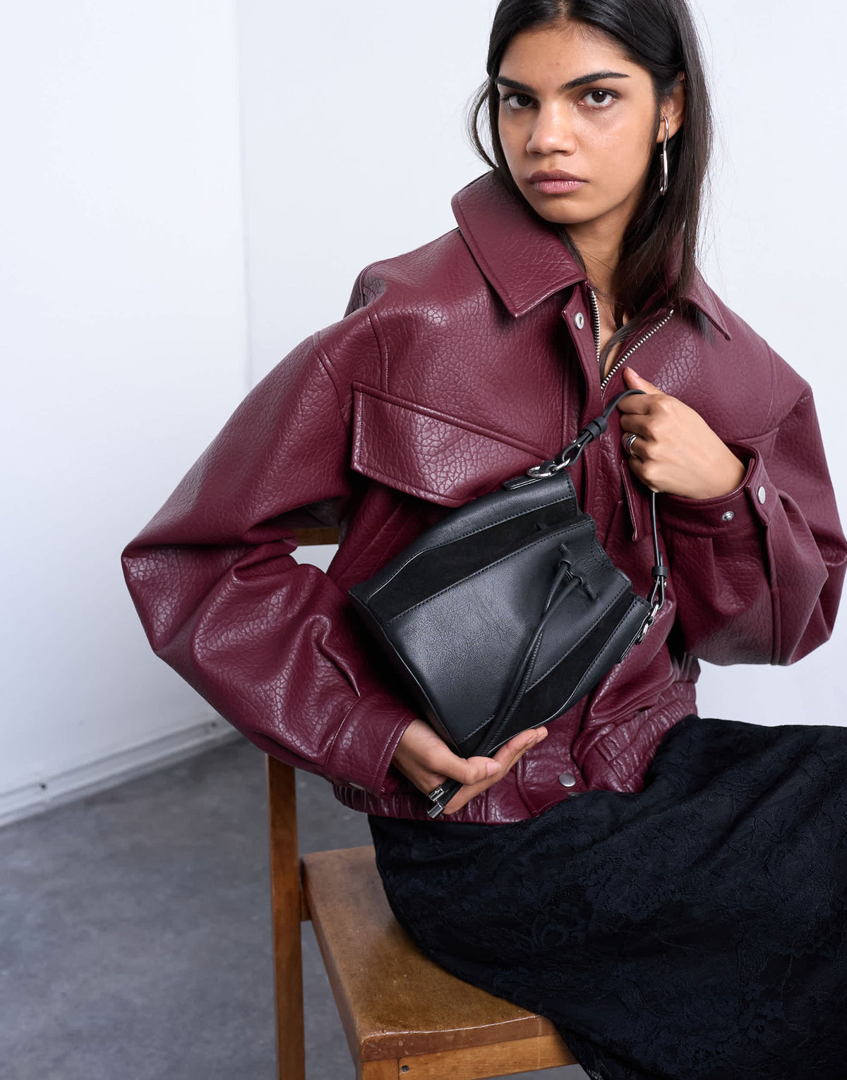 Topshop Colette real suede and leather panel bucket bag in black