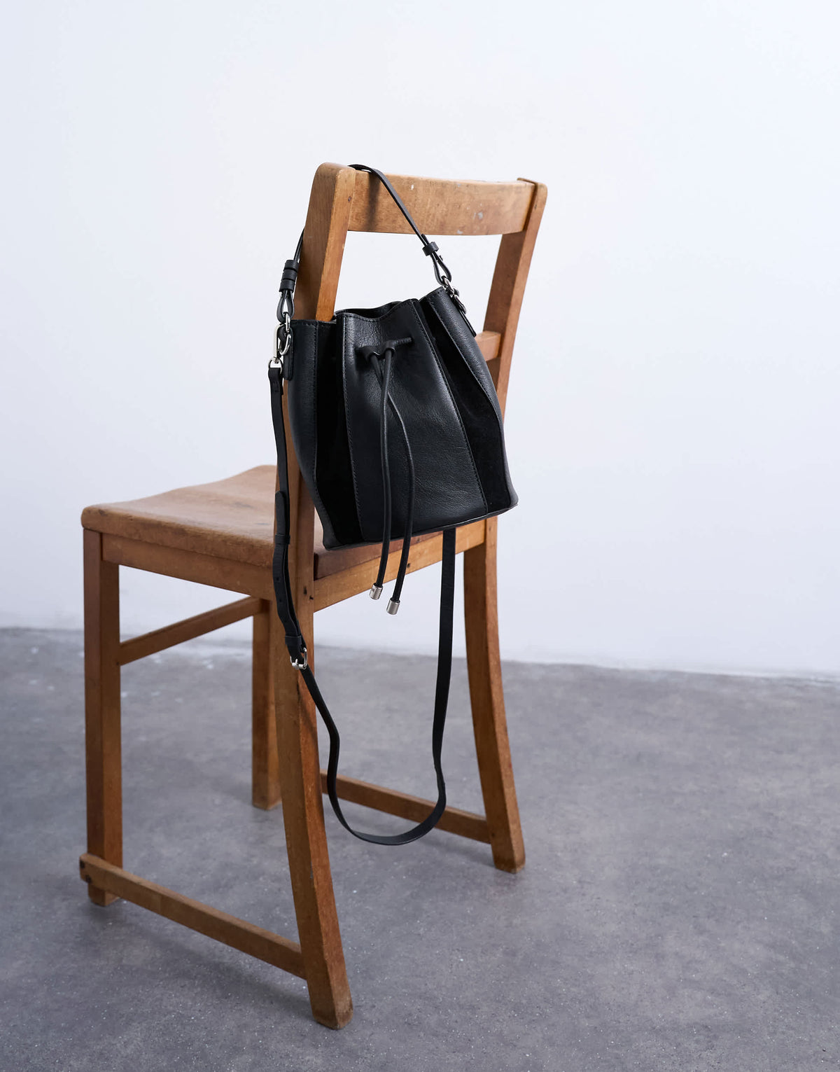 Topshop Colette real suede and leather panel bucket bag in black