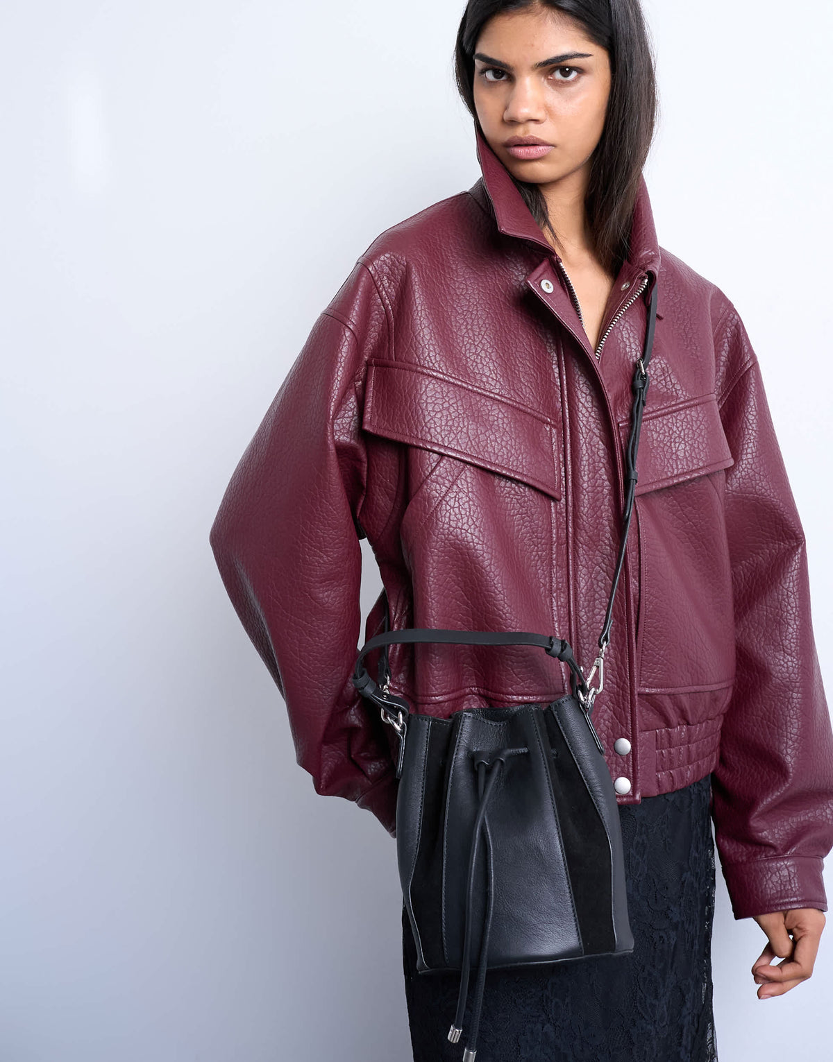 Topshop Colette real suede and leather panel bucket bag in black
