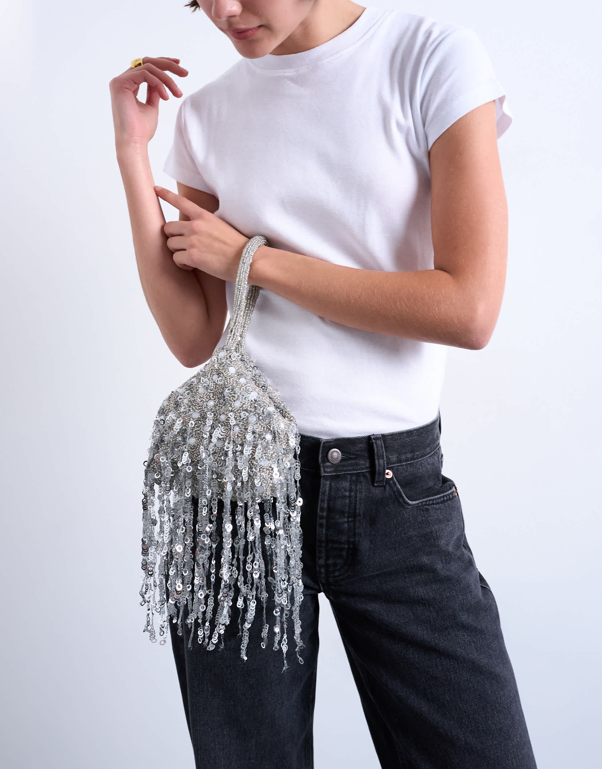 Topshop Giana sequin tassel grab bag in silver