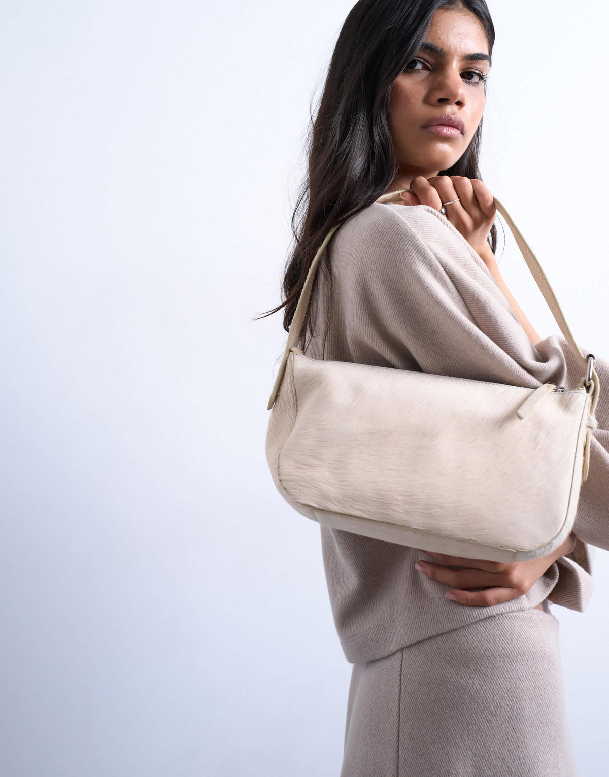 Topshop Stina hair on real leather shoulder bag in off white 