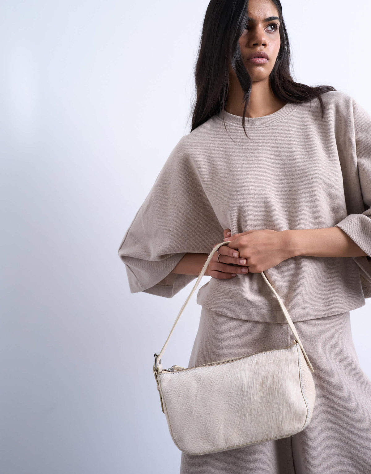 Topshop Stina hair on real leather shoulder bag in off white 