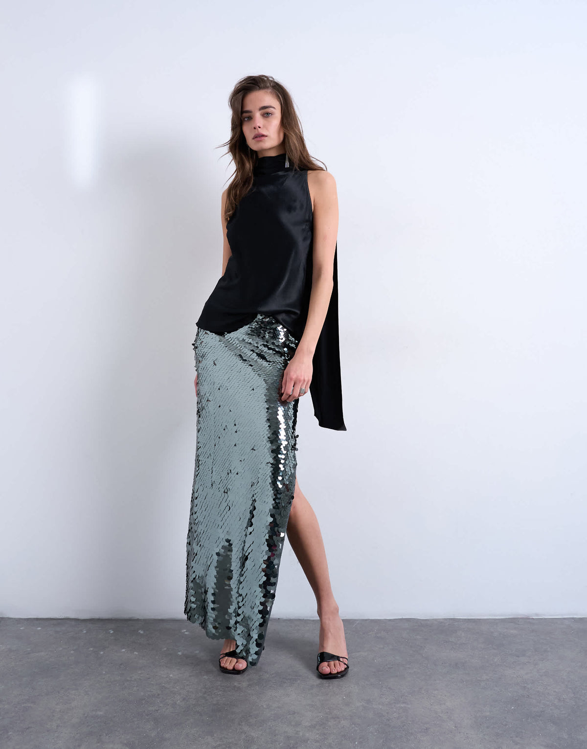 Topshop sequin column midi skirt in green