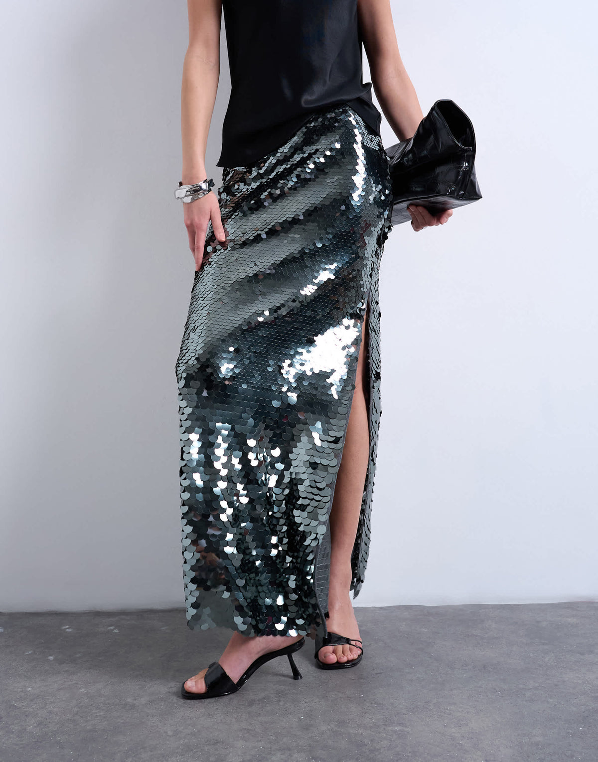 Topshop sequin column midi skirt in green