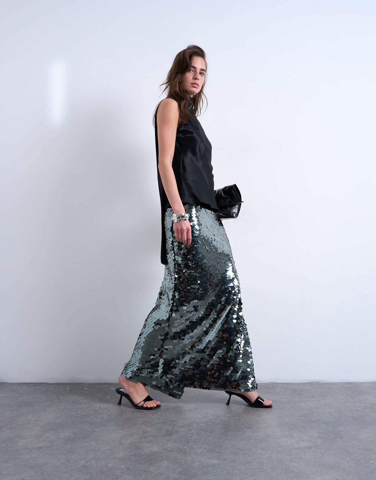 Topshop sequin column midi skirt in green