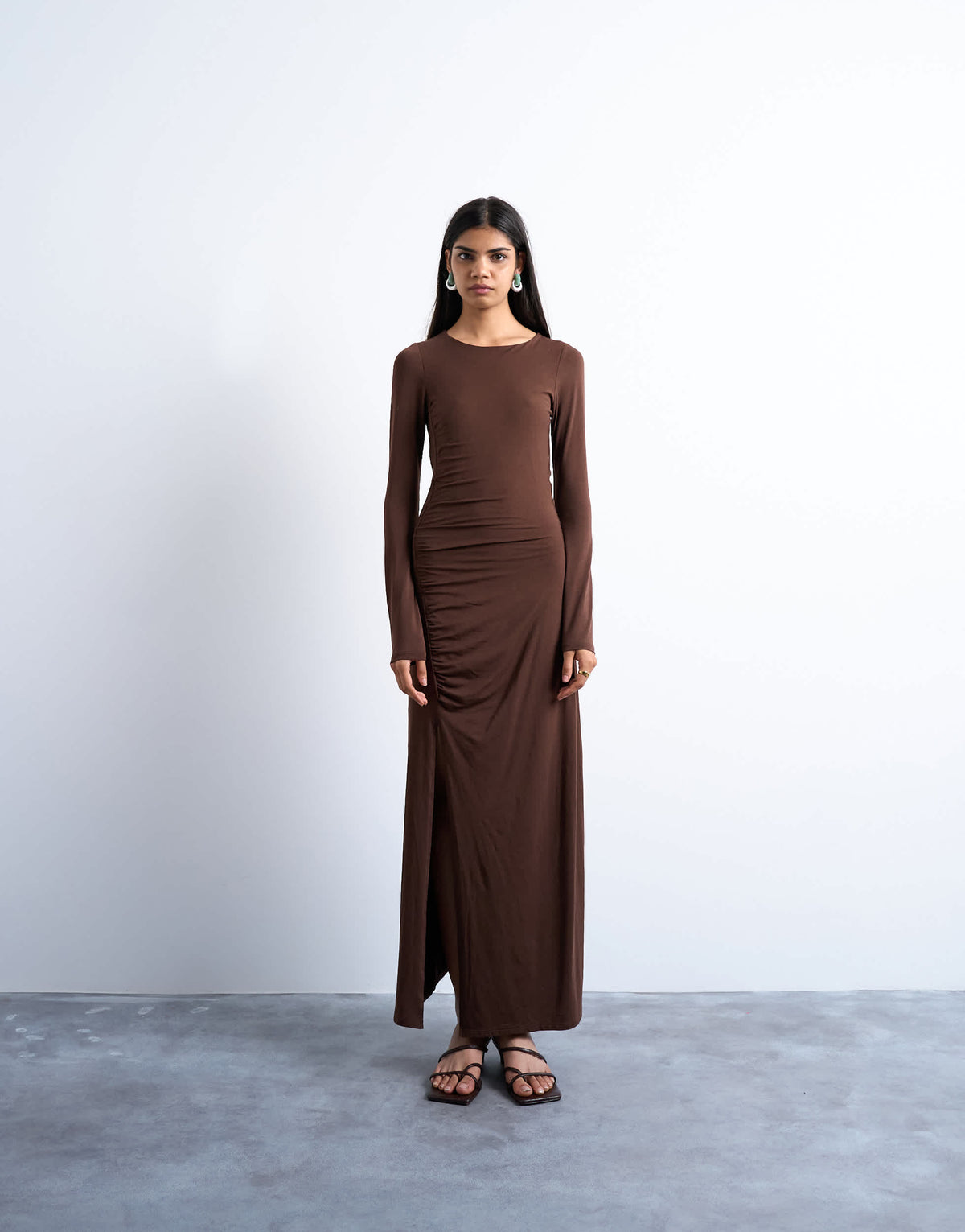 Topshop long sleeve ruched maxi dress in chocolate brown