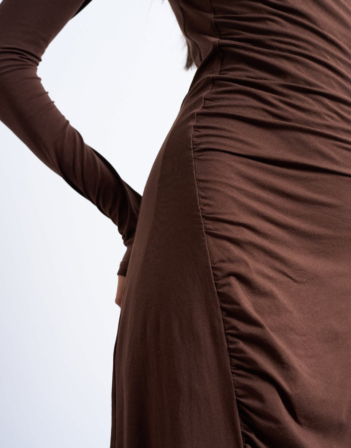 Topshop long sleeve ruched maxi dress in chocolate brown