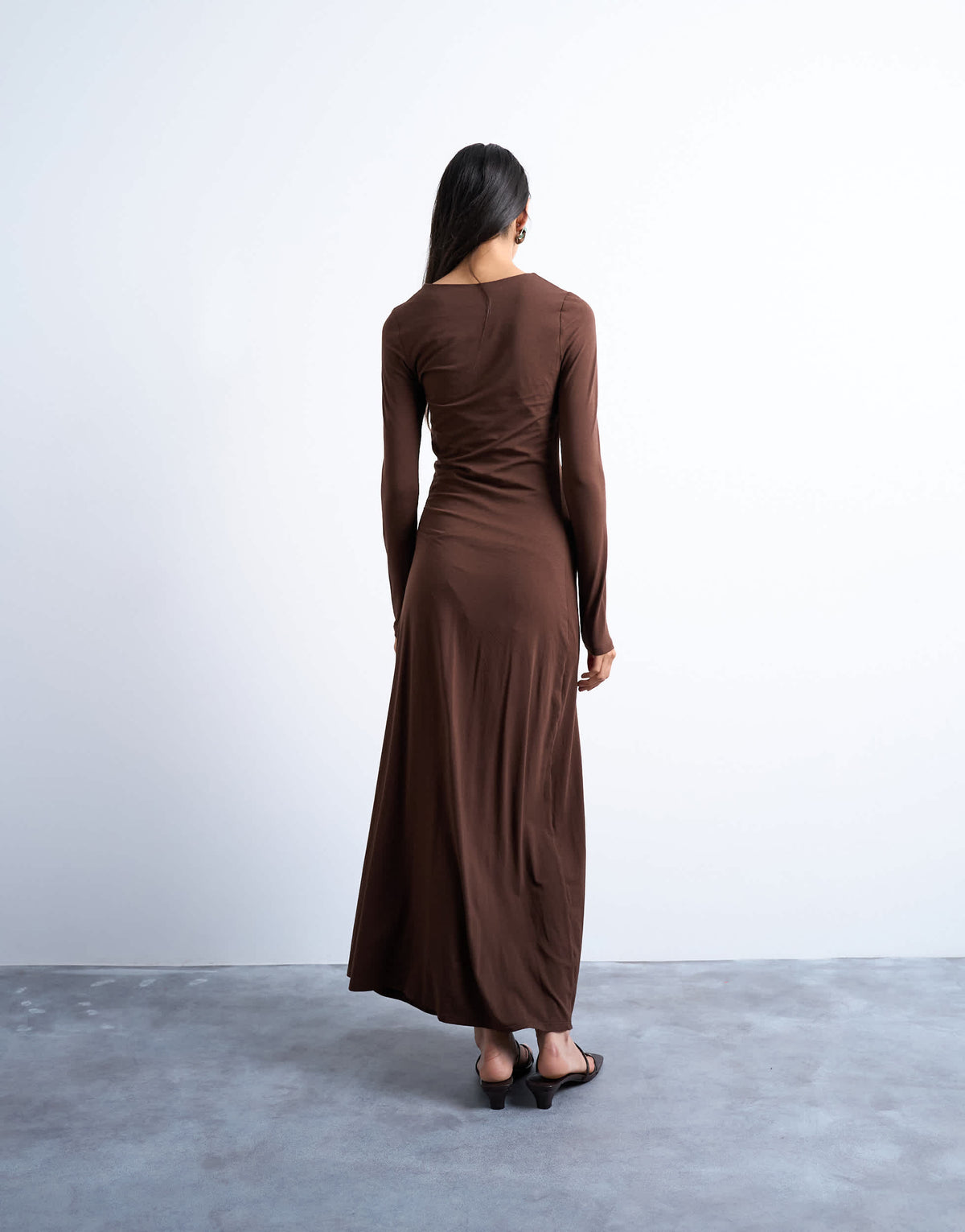 Topshop long sleeve ruched maxi dress in chocolate brown