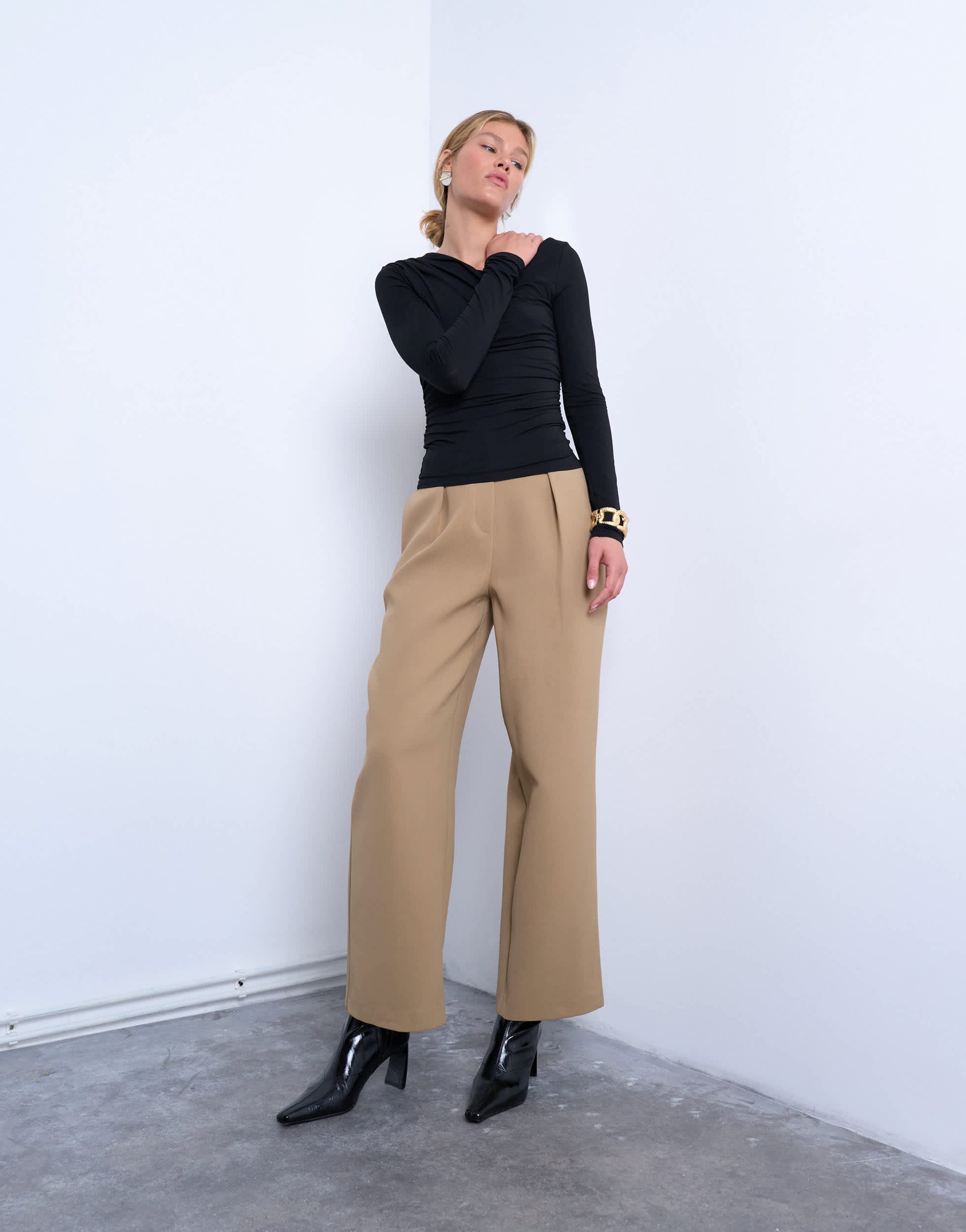 Topshop asymmetric slash neck long sleeve top in black