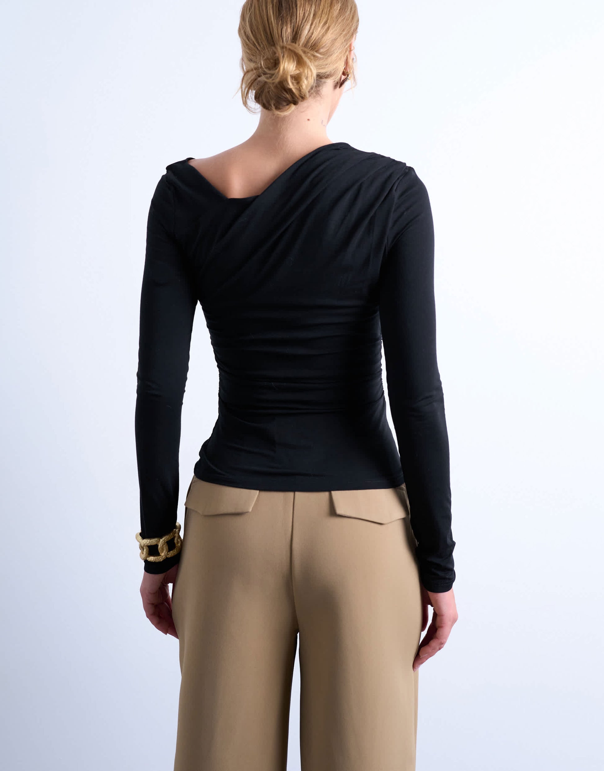 Topshop asymmetric slash neck long sleeve top in black