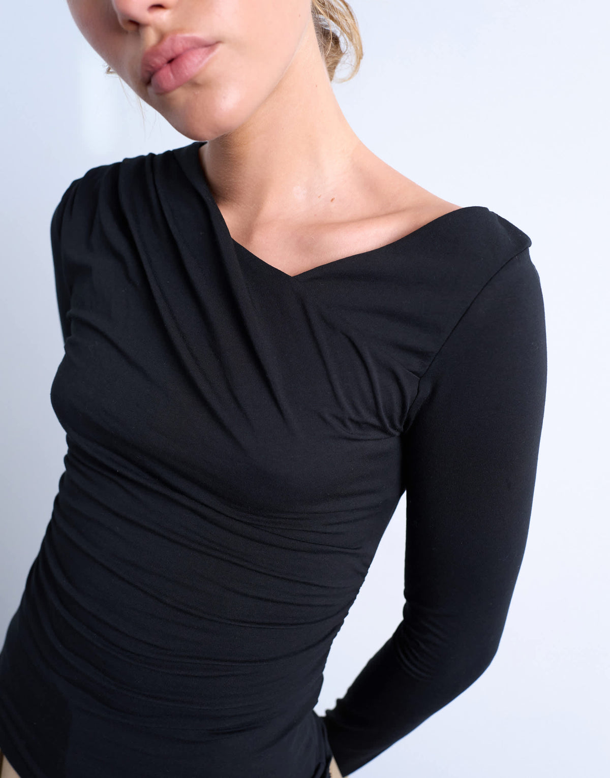 Topshop asymmetric slash neck long sleeve top in black