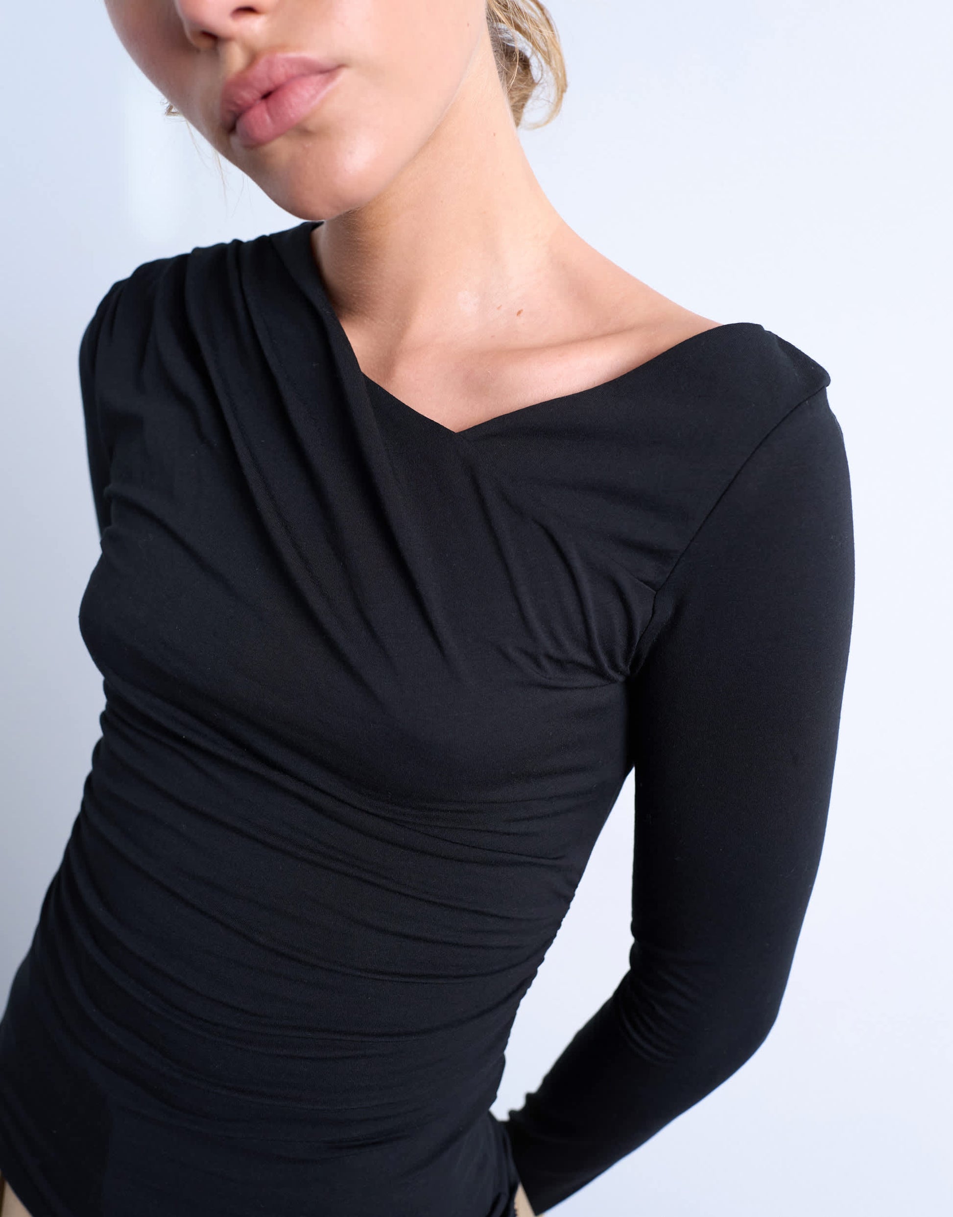 Topshop asymmetric slash neck long sleeve top in black