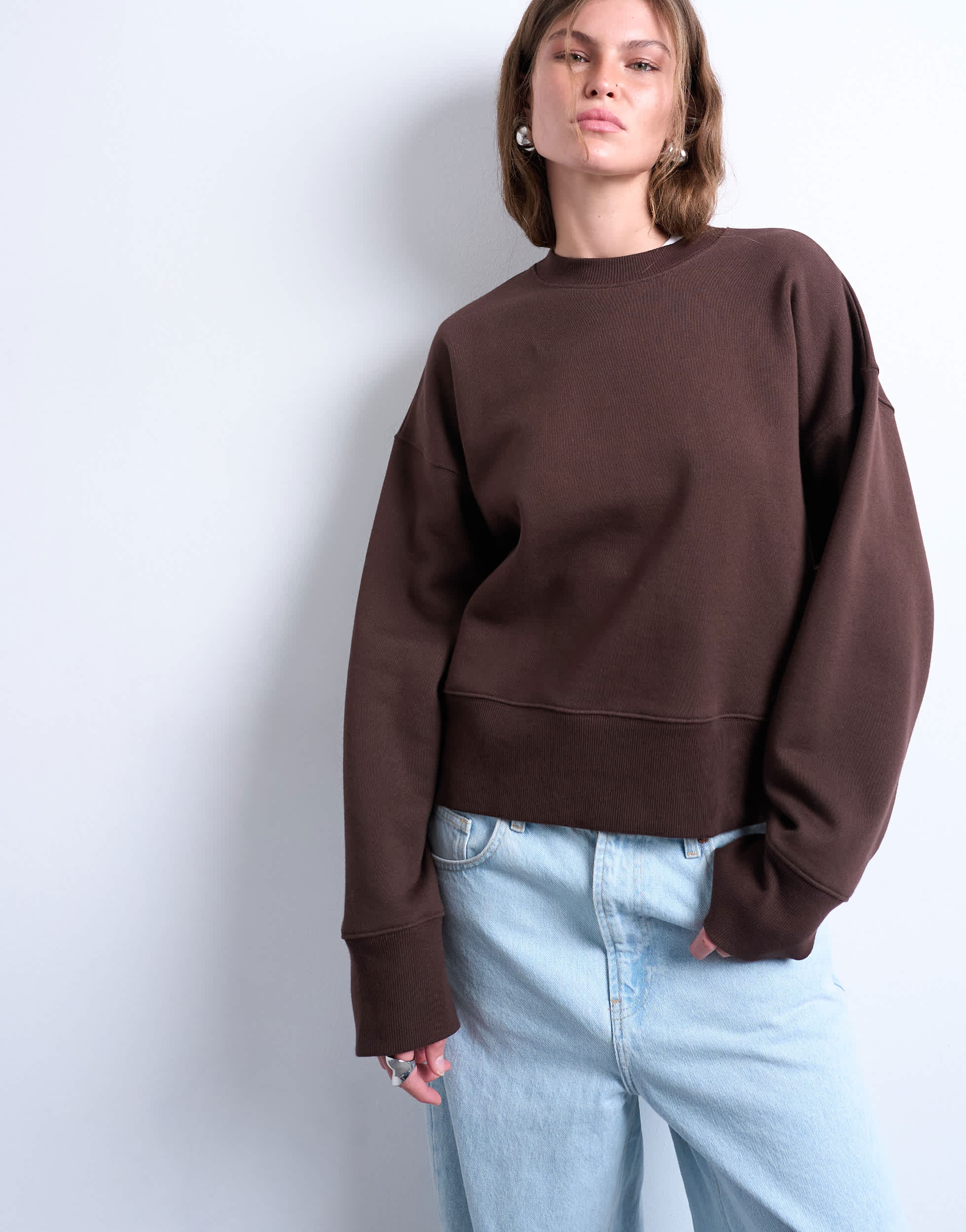 Topshop premium heavyweight oversized sweat in chocolate brown