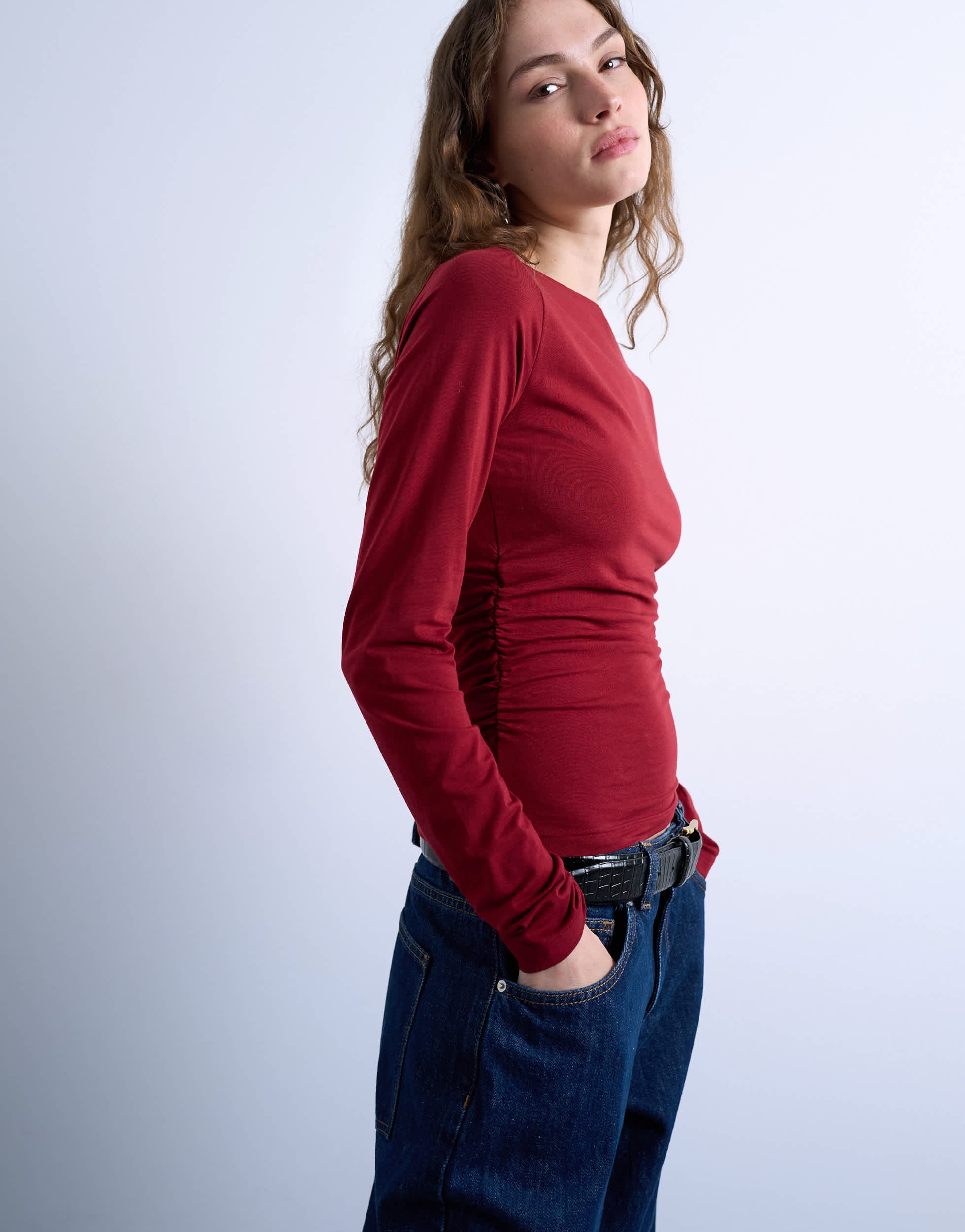 Topshop modal ruched slash neck long sleeve top in dark red