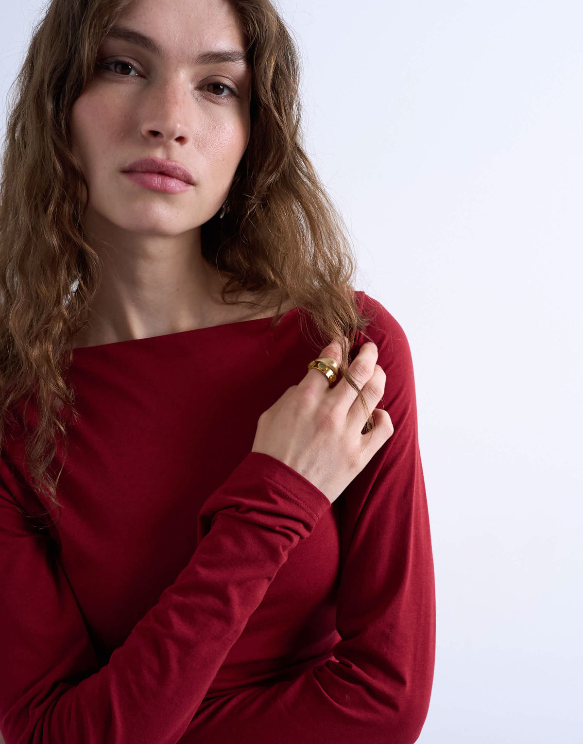 Topshop modal ruched slash neck long sleeve top in dark red