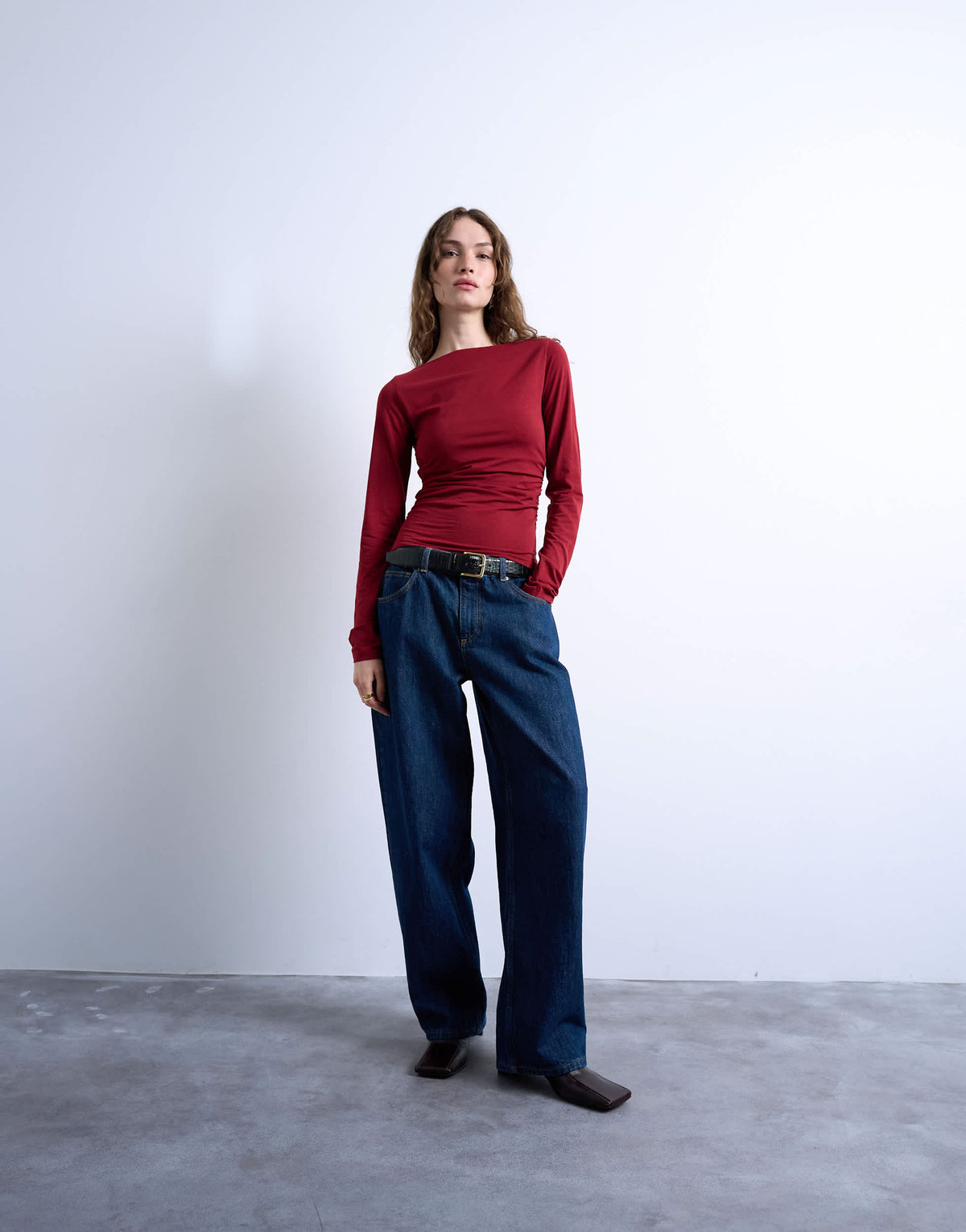 Topshop modal ruched slash neck long sleeve top in dark red
