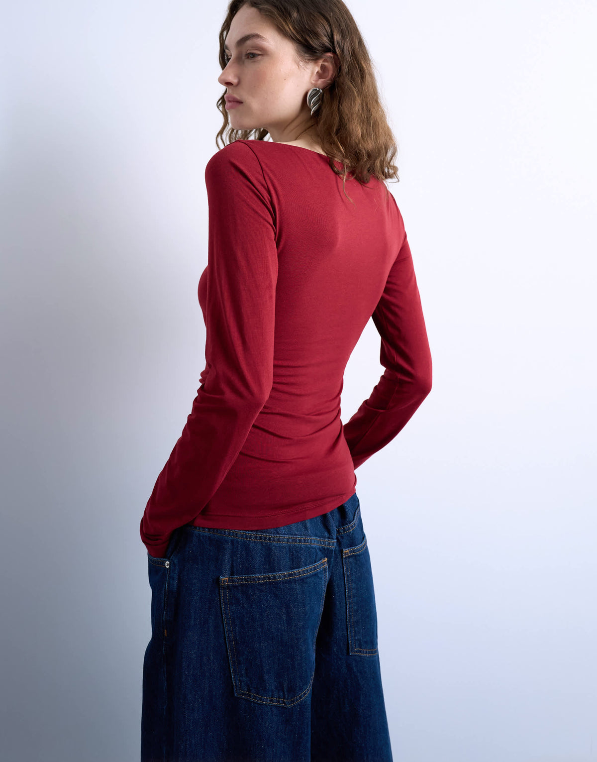 Topshop modal ruched slash neck long sleeve top in dark red