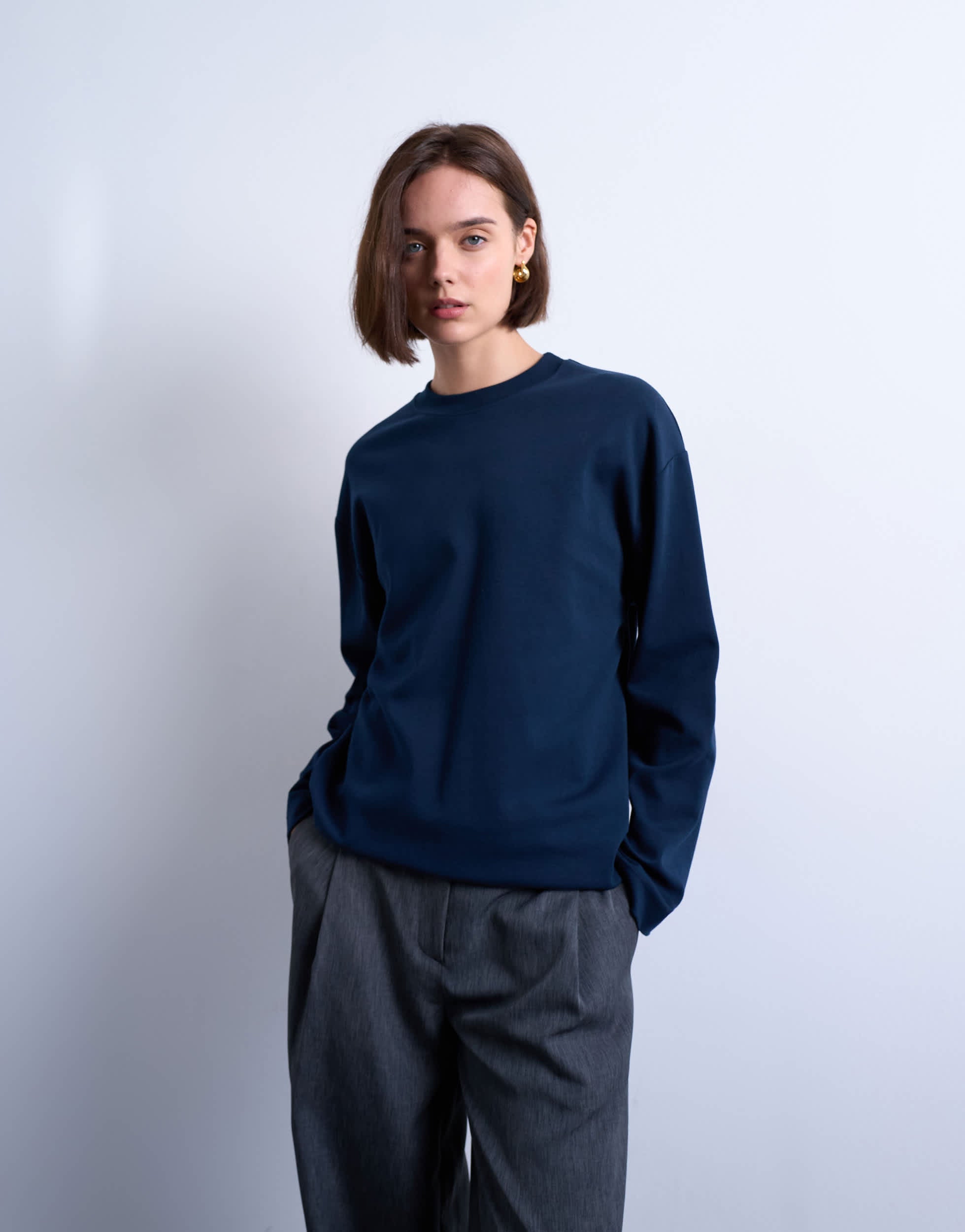 Topshop premium interlock long sleeve skater tee in navy