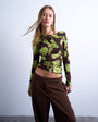 Topshop asymmetric slash neck floral print long sleeve top in green and brown