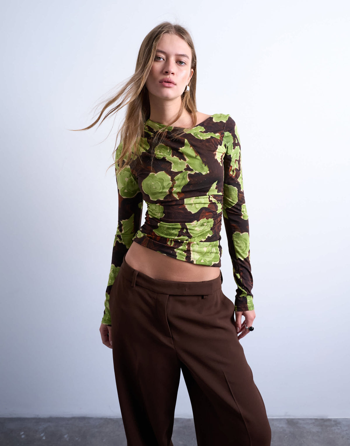 Topshop asymmetric slash neck floral print long sleeve top in green and brown