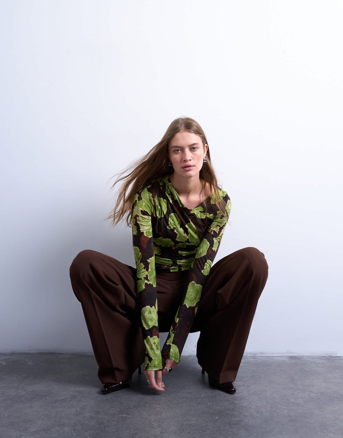 Topshop asymmetric slash neck floral print long sleeve top in green and brown
