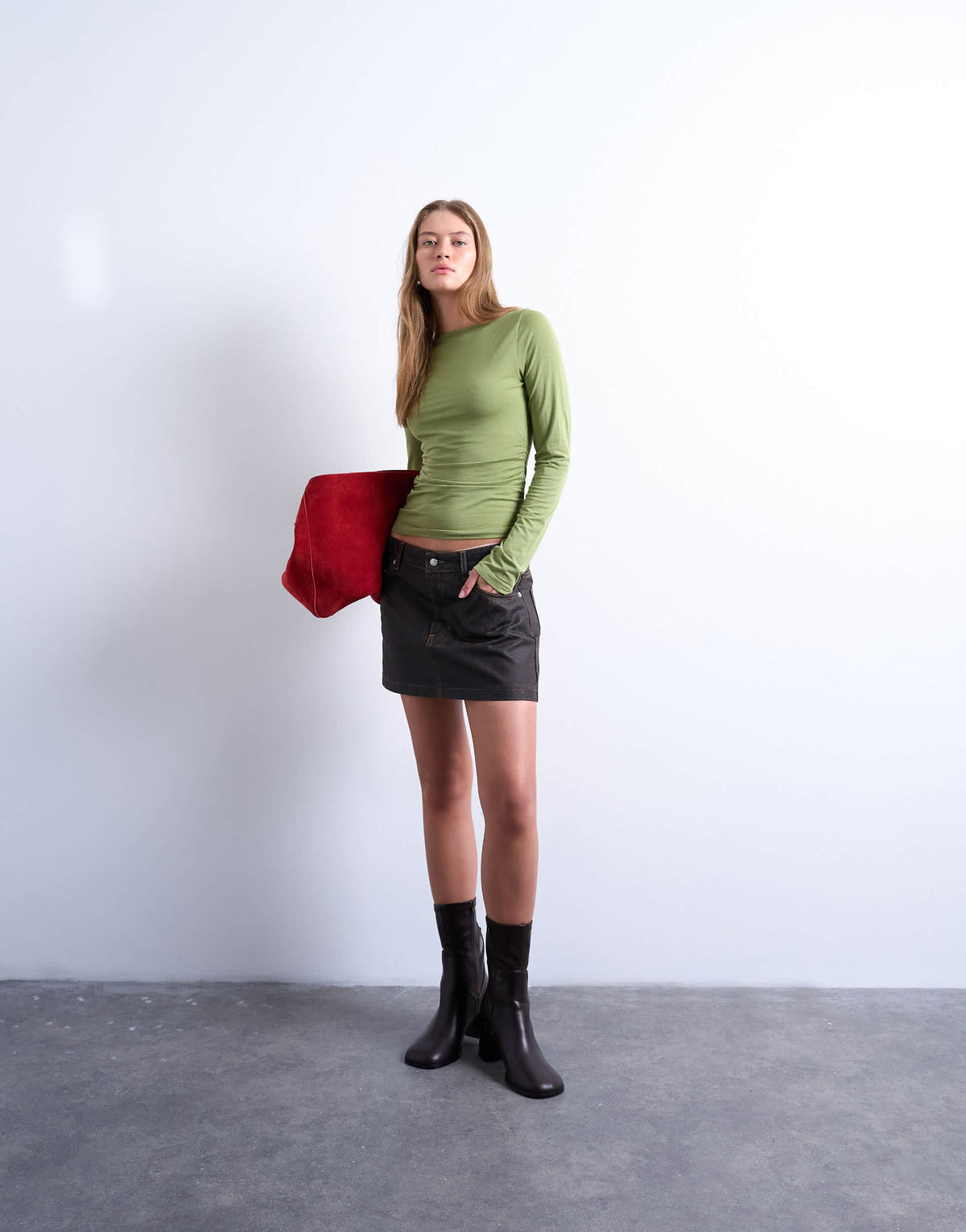 Topshop modal ruched slash neck long sleeve top in green