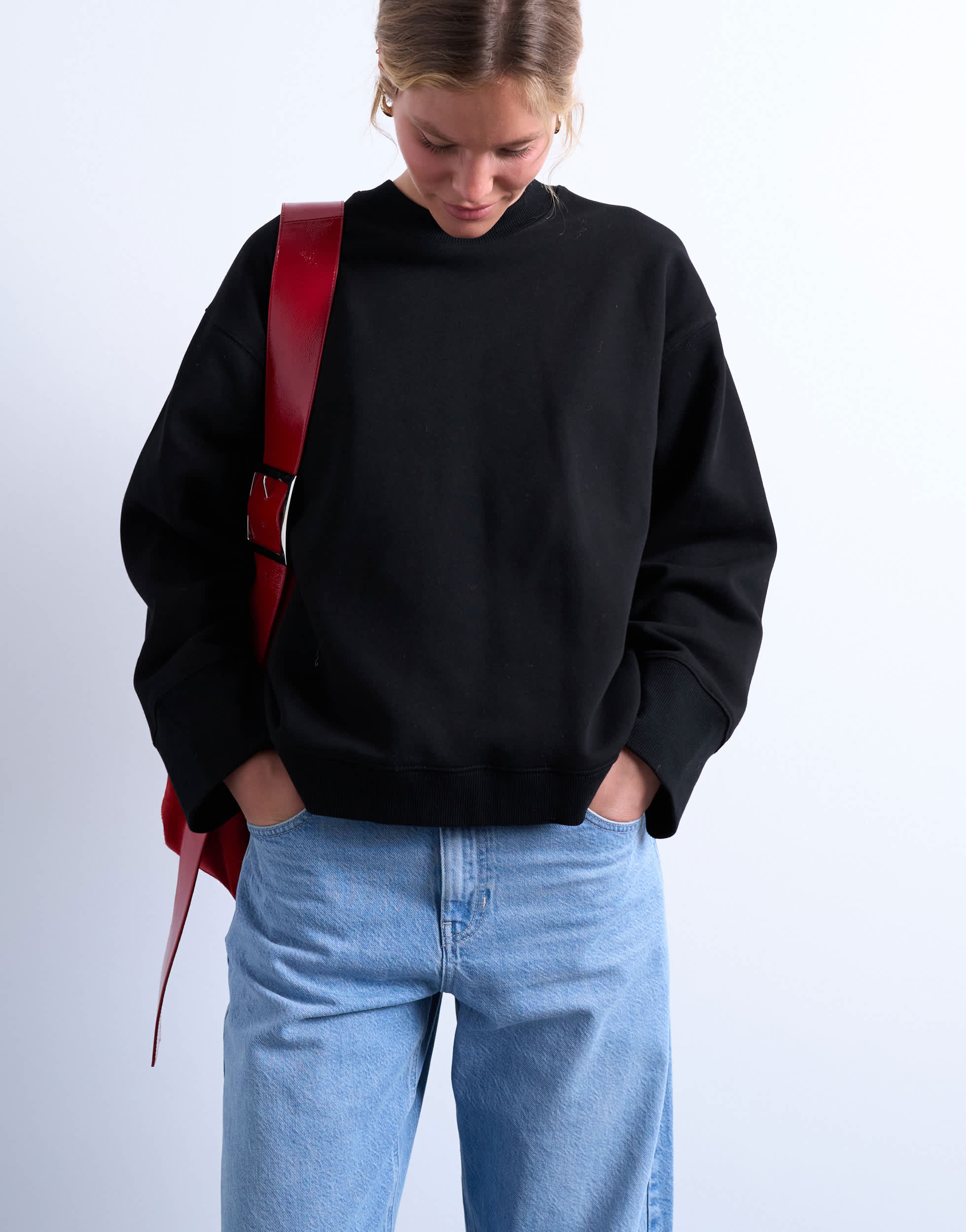 Topshop clean oversized deep cuff sweat in black