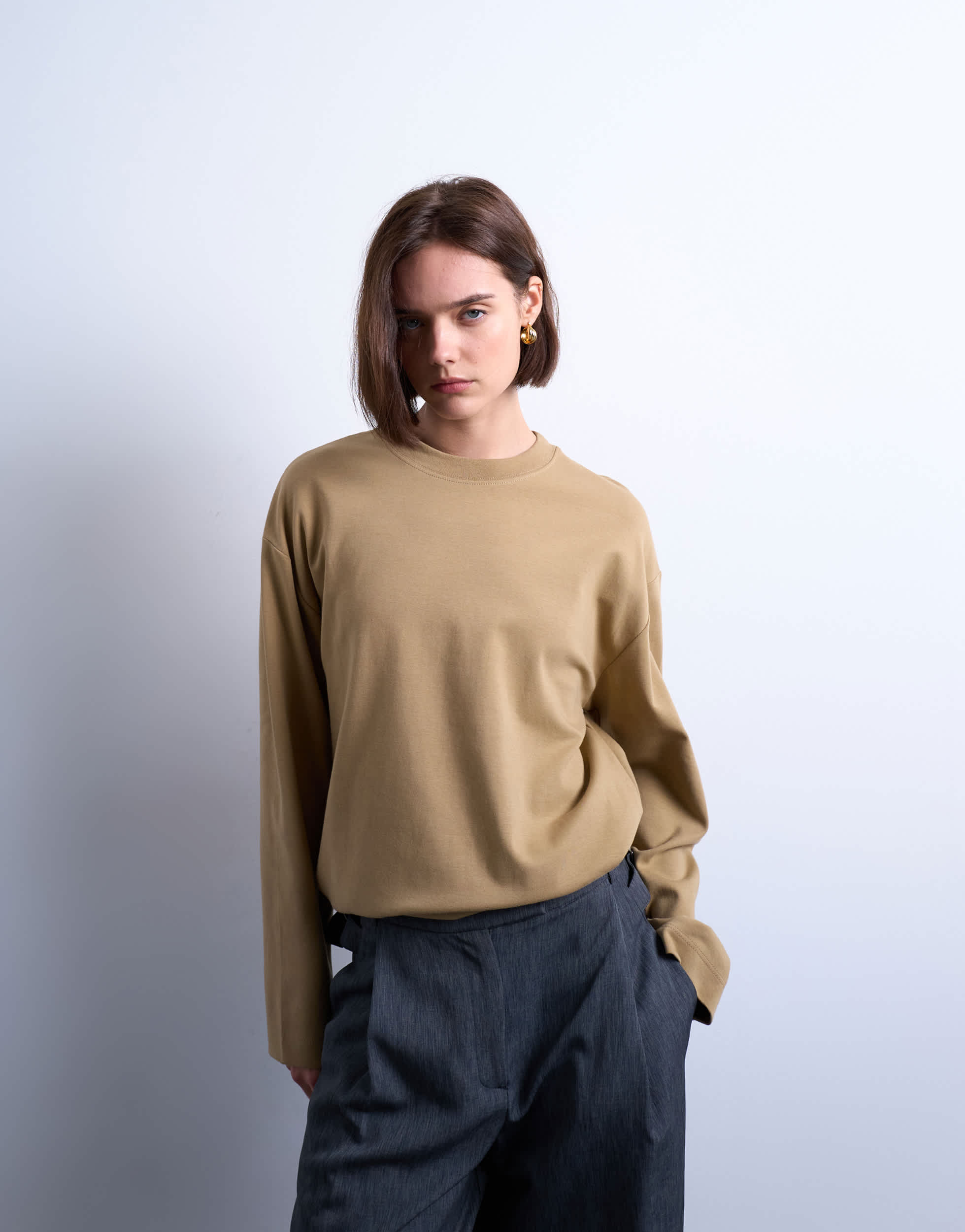 Topshop premium interlock long sleeve skater tee in pale khaki