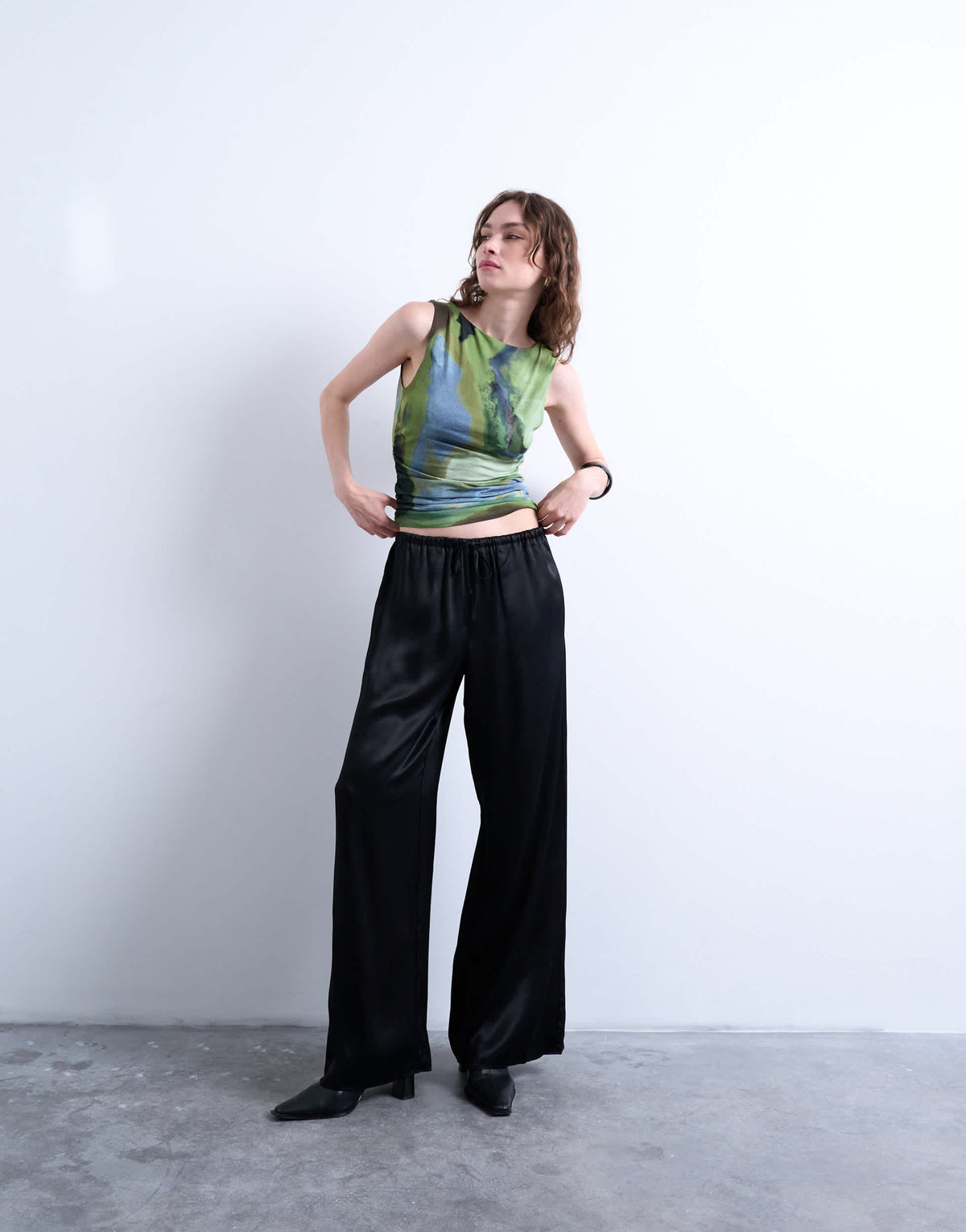 Topshop abstract print ruched side tank in green