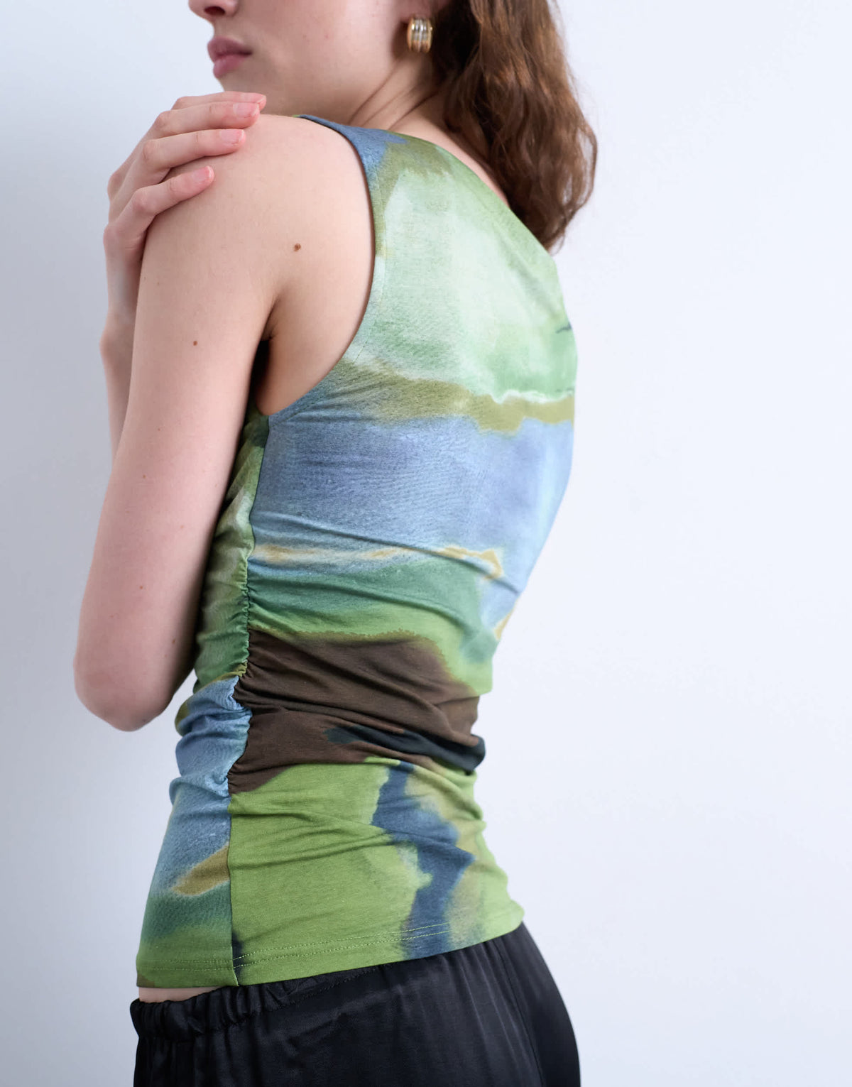 Topshop abstract print ruched side tank in green