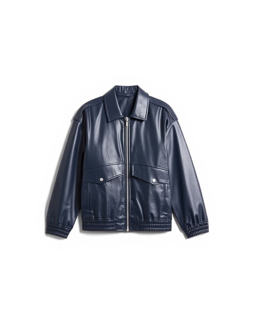 Topshop faux leather washed blue bomber jacket in washed blue