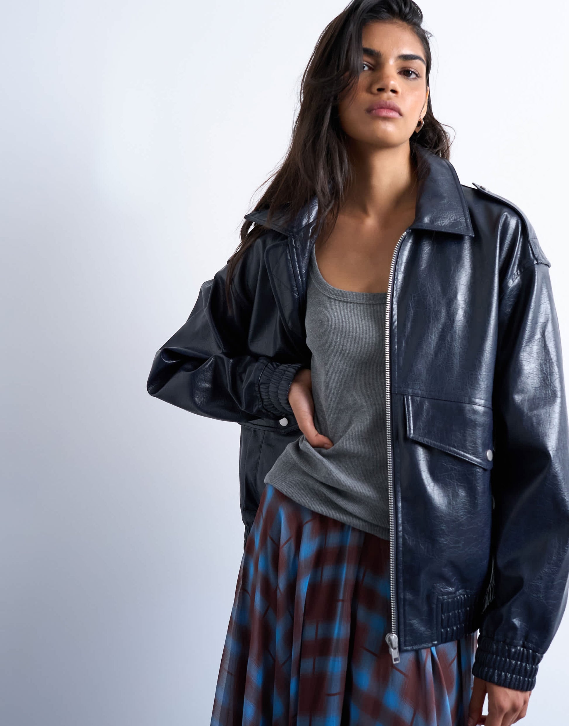 Topshop faux leather washed blue bomber jacket in washed blue