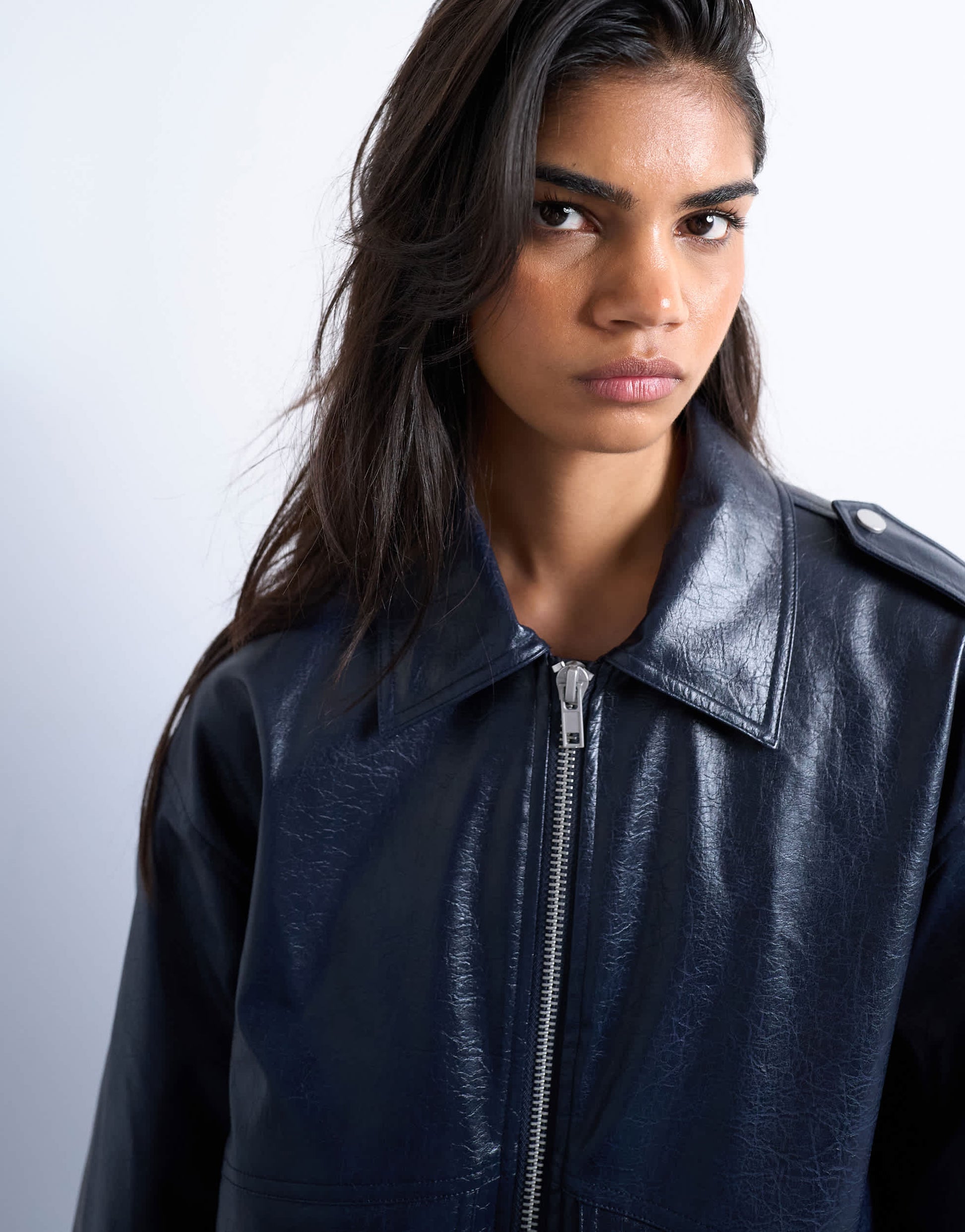 Topshop faux leather washed blue bomber jacket in washed blue