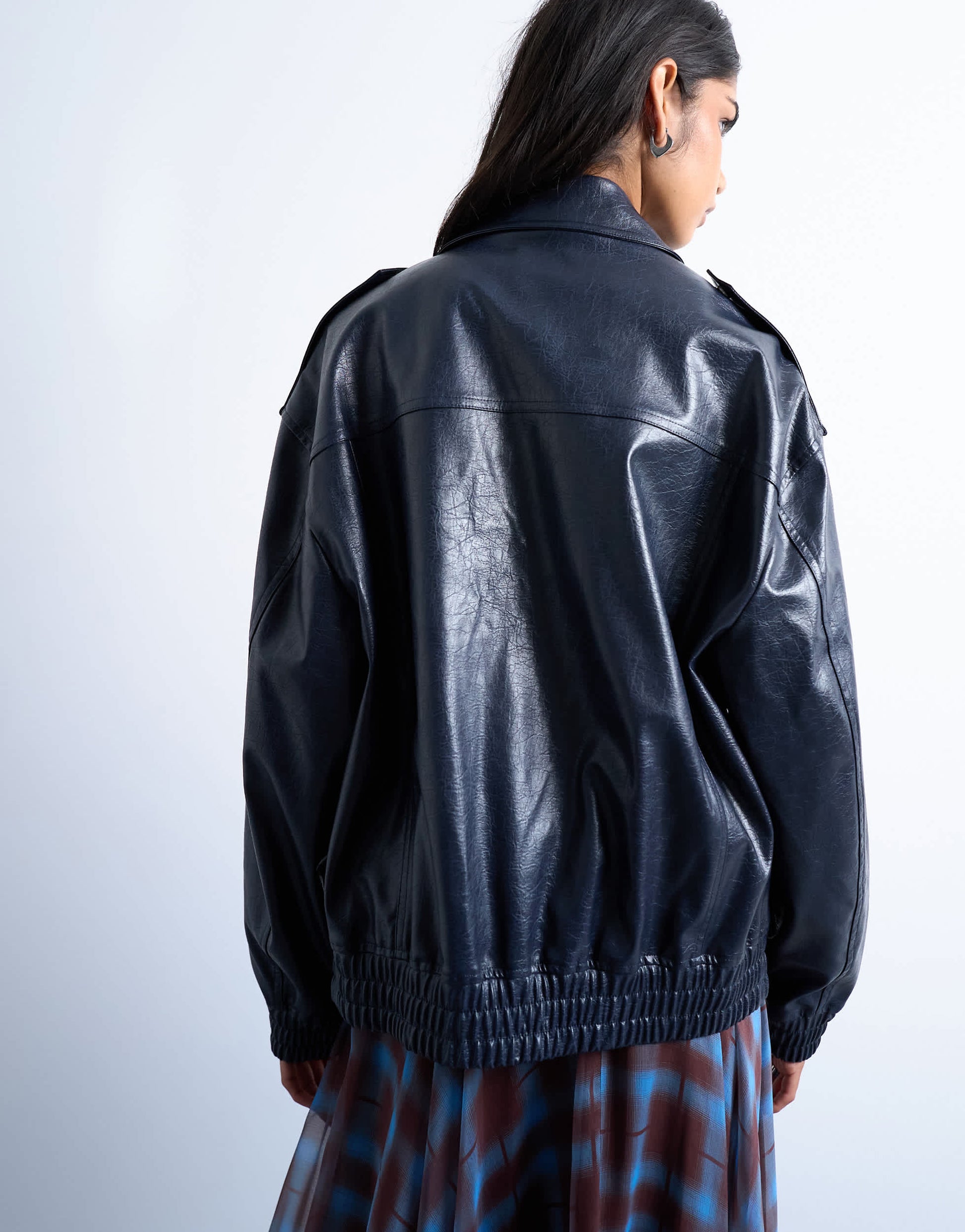 Topshop faux leather washed blue bomber jacket in washed blue
