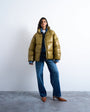Topshop high shine mid length funnel neck puffer jacket in khaki