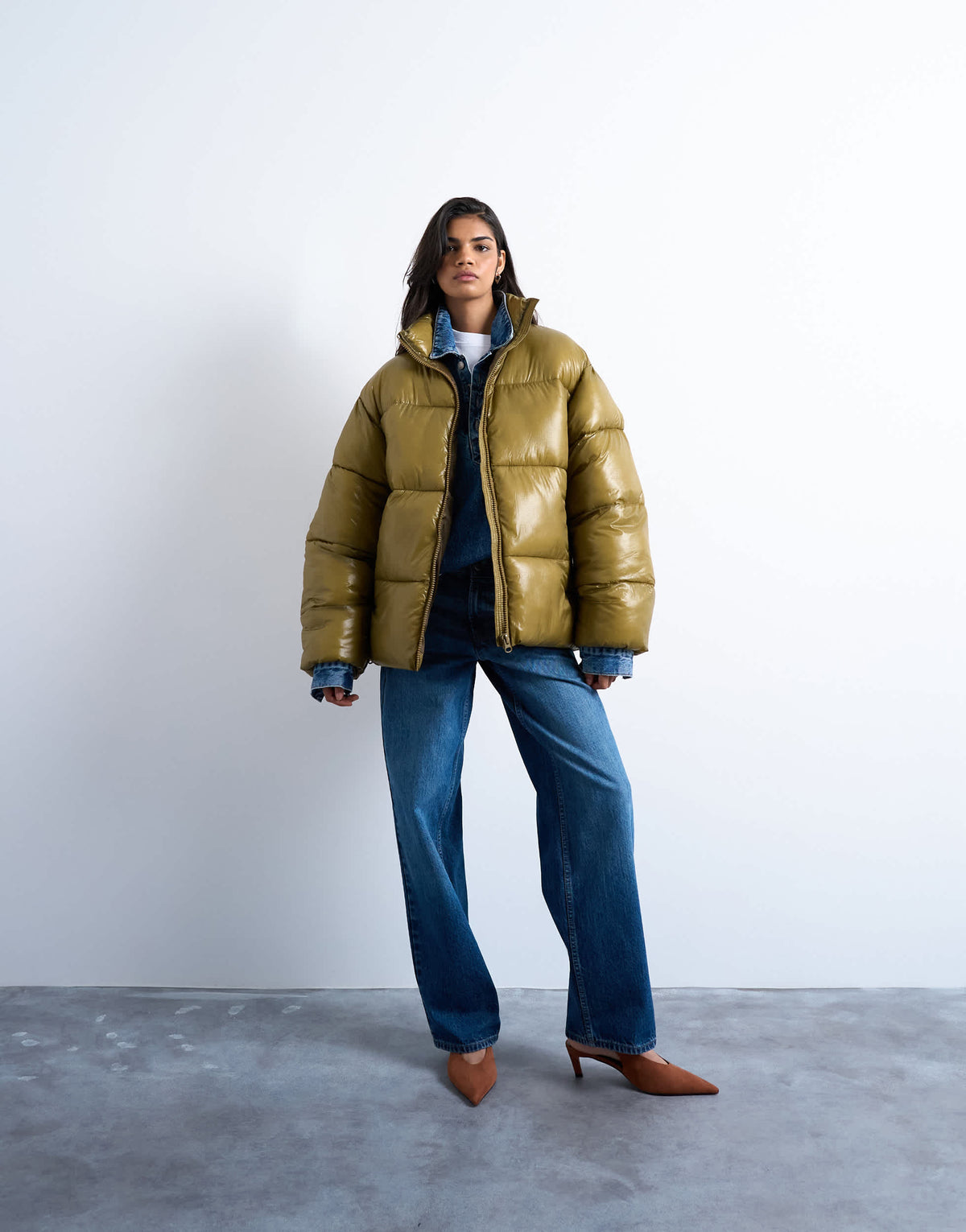 Topshop high shine mid length funnel neck puffer jacket in khaki